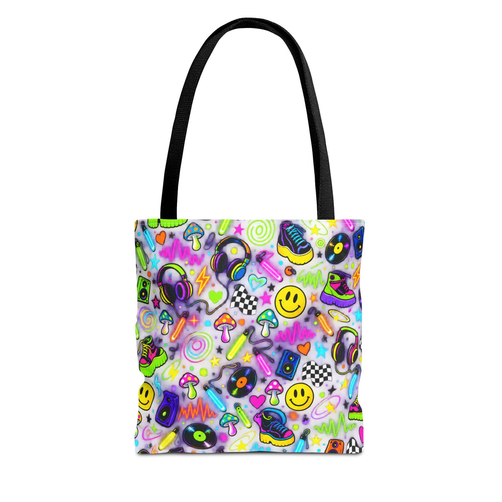 Neon 90s Sticker Collage Tote Bag — Retro Smileys, Records & Psychedelic Icons AOP