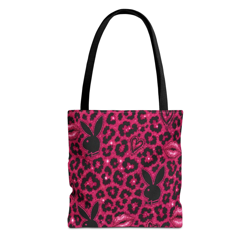 Pink Leopard Print Tote Bag with Black Bunny Silhouettes & Kiss Marks