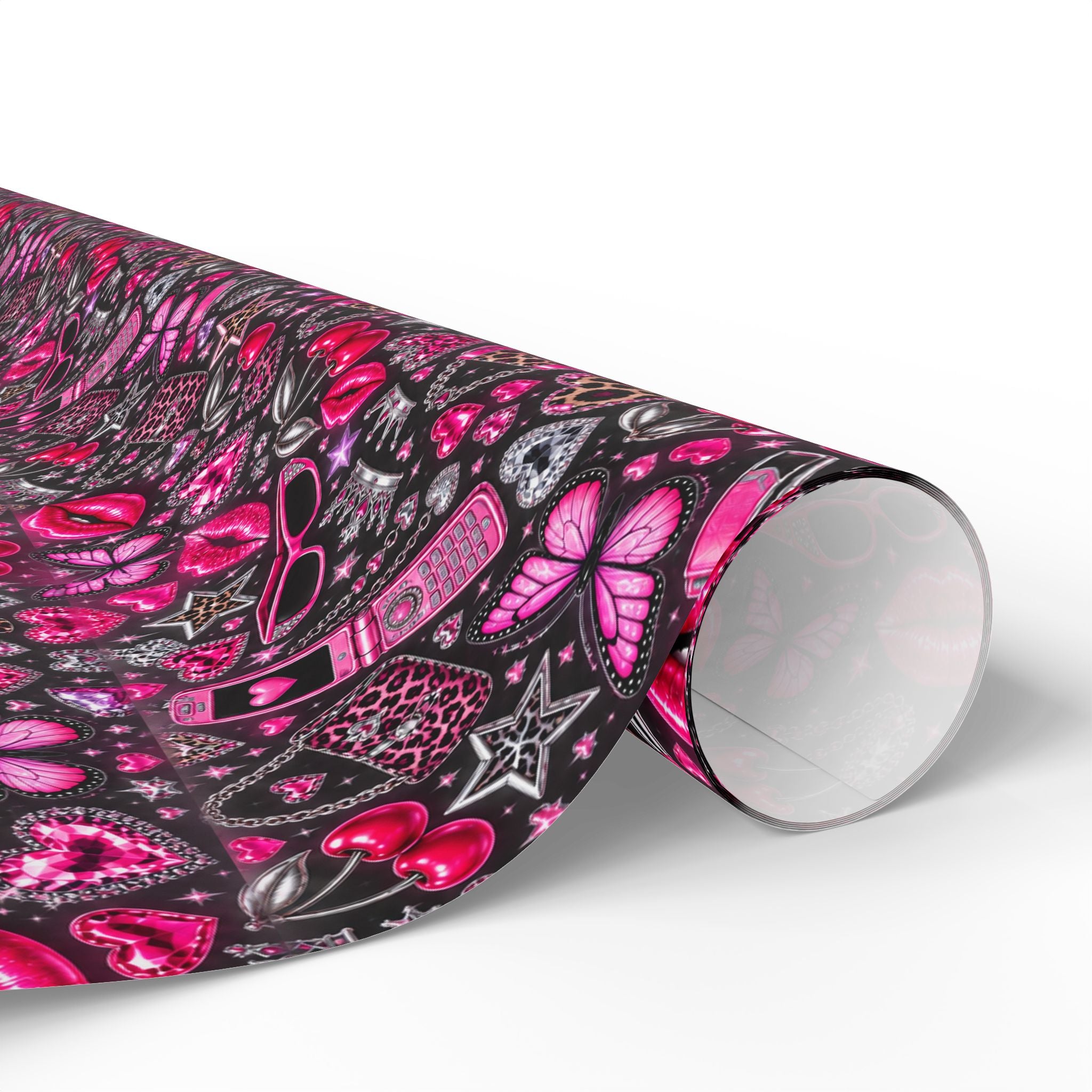 Y2K Hearts & Butterflies Wrapping Paper — Pink Romantic Gift Wrap