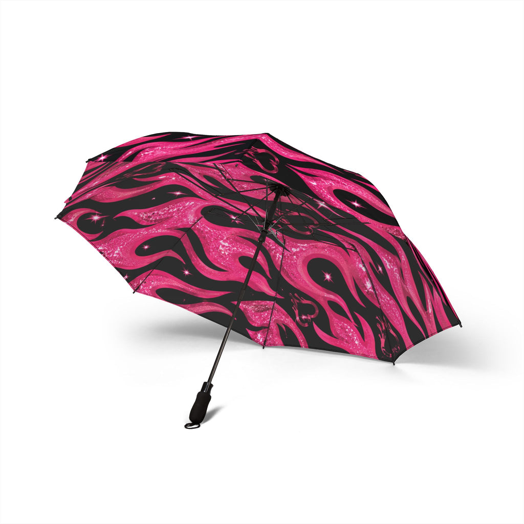 Pink Flame Foldable Umbrella — Glitter Hot Pink Flame Pattern, Compact Semi-Automatic Travel Umbrella