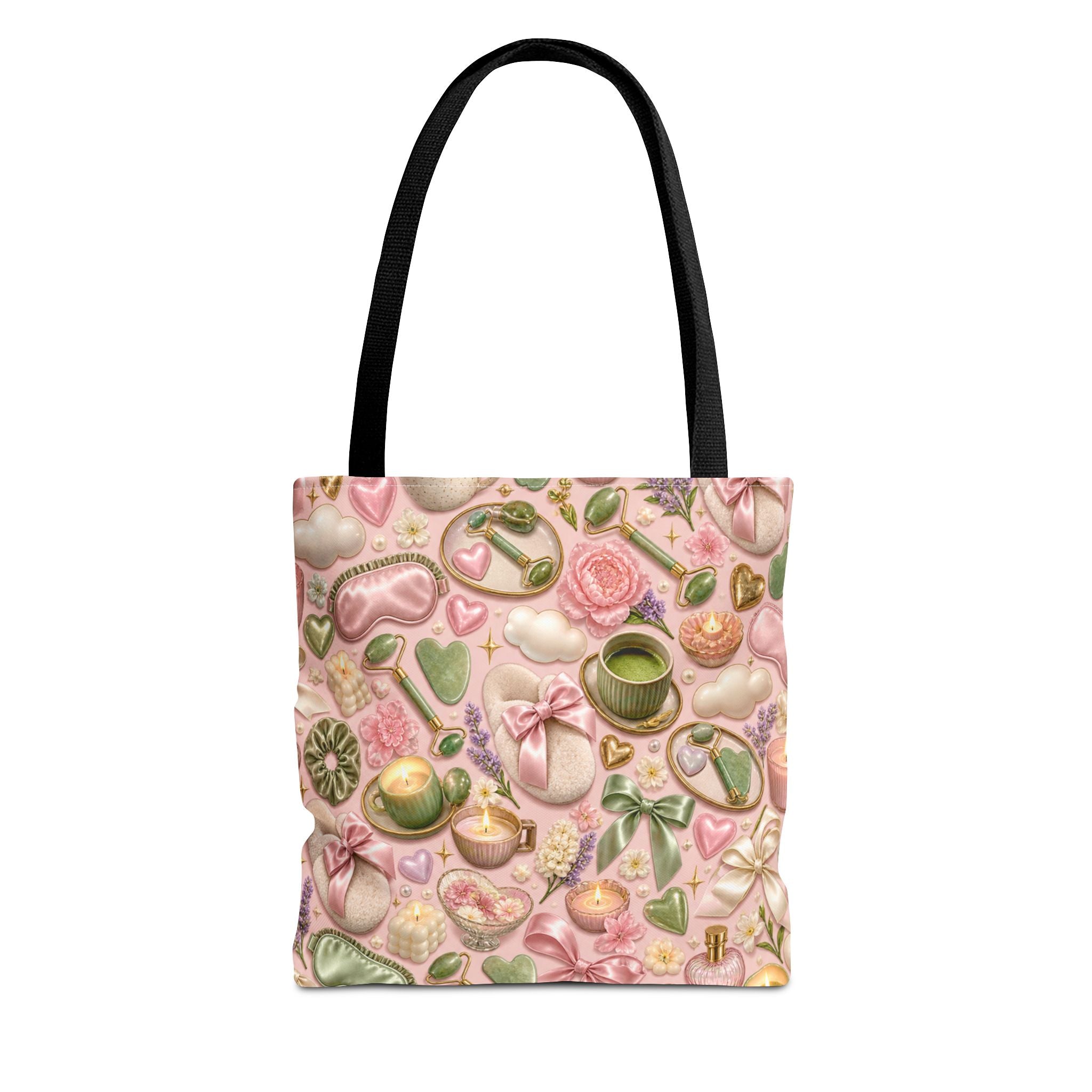 Spa Day Pattern Tote Bag – Pink Self-Care AOP Tote with Tea, Candles & Masks