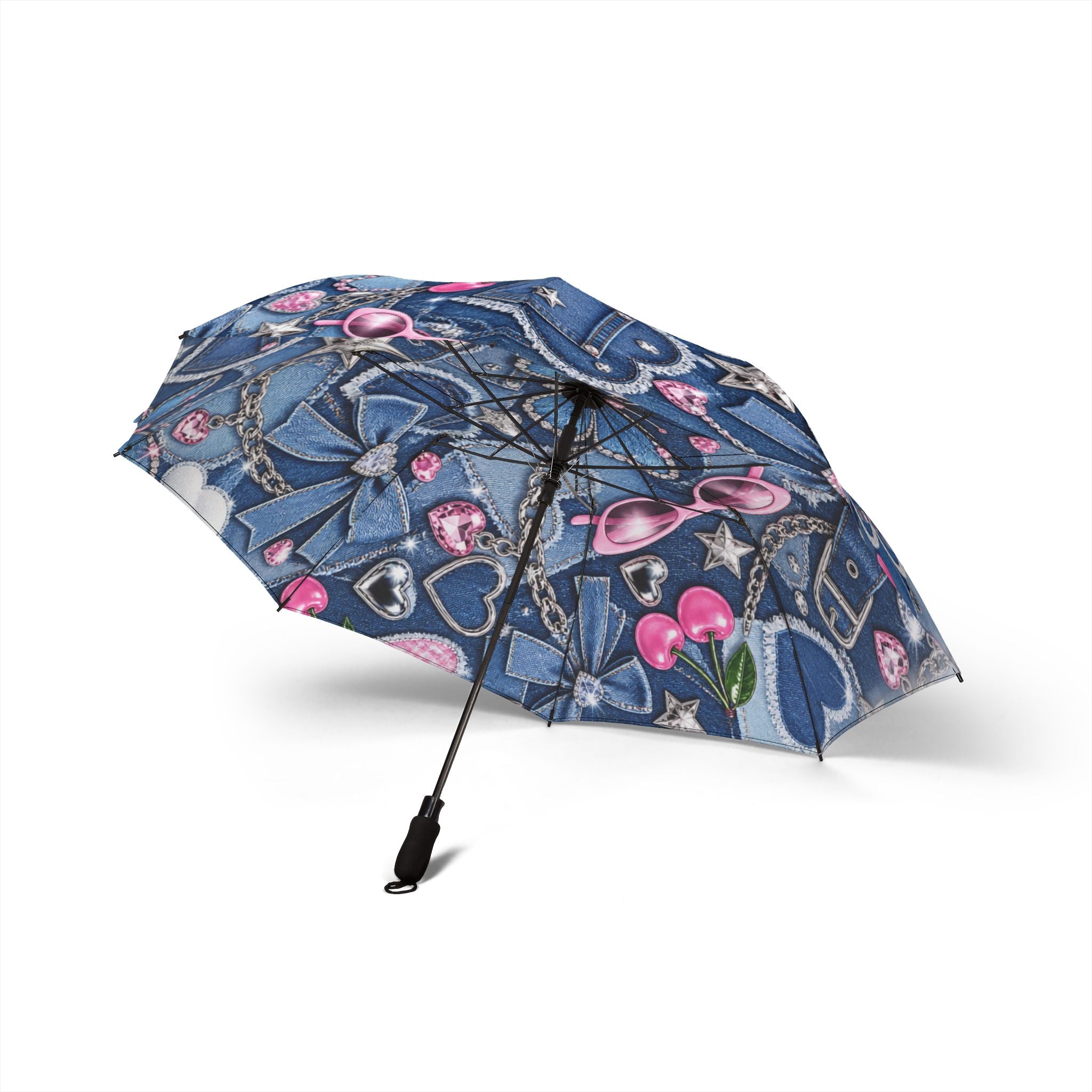 Foldable Umbrella — Denim Hearts & Bows Pattern, Semi-Automatic Compact Travel Umbrella