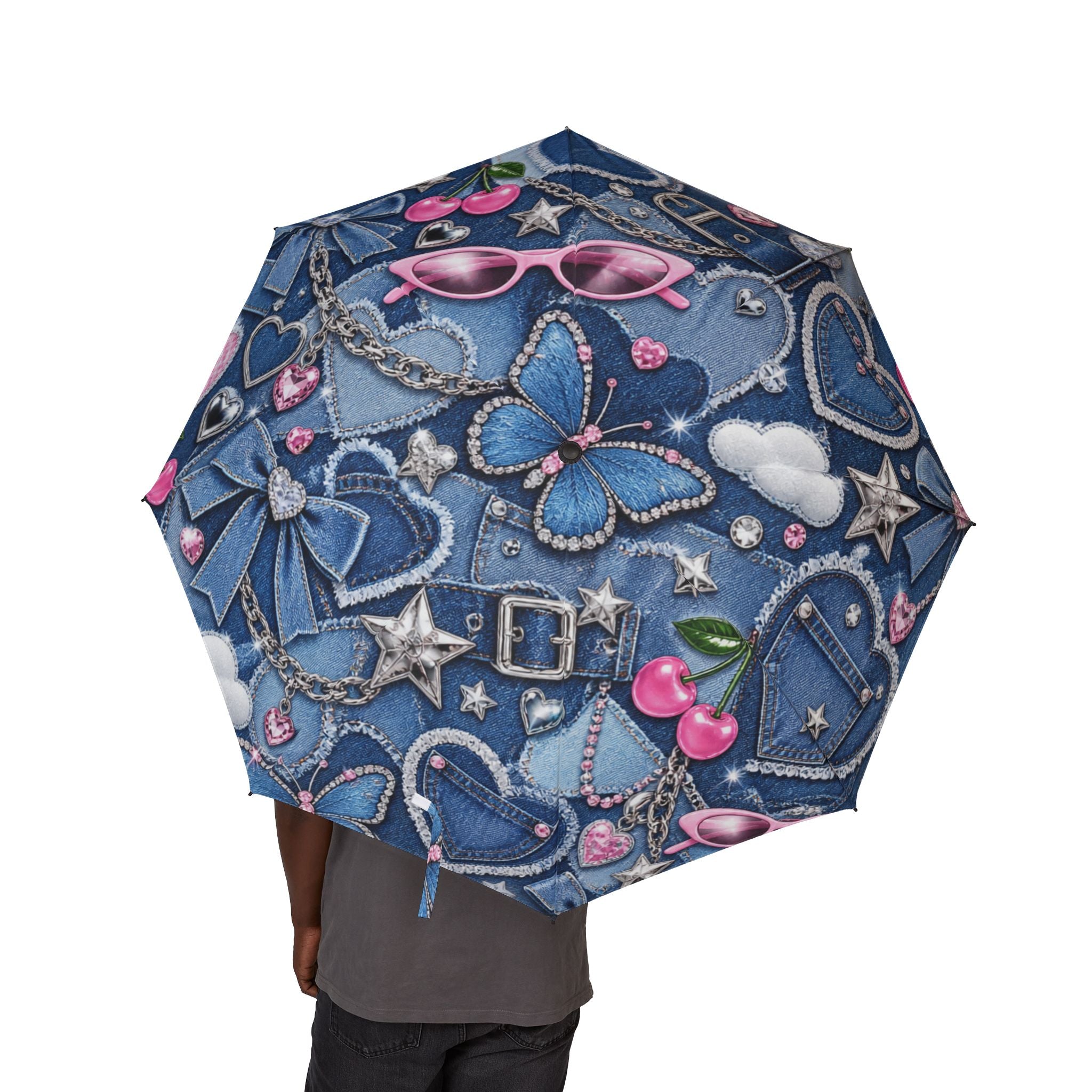 Foldable Umbrella — Denim Hearts & Bows Pattern, Semi-Automatic Compact Travel Umbrella