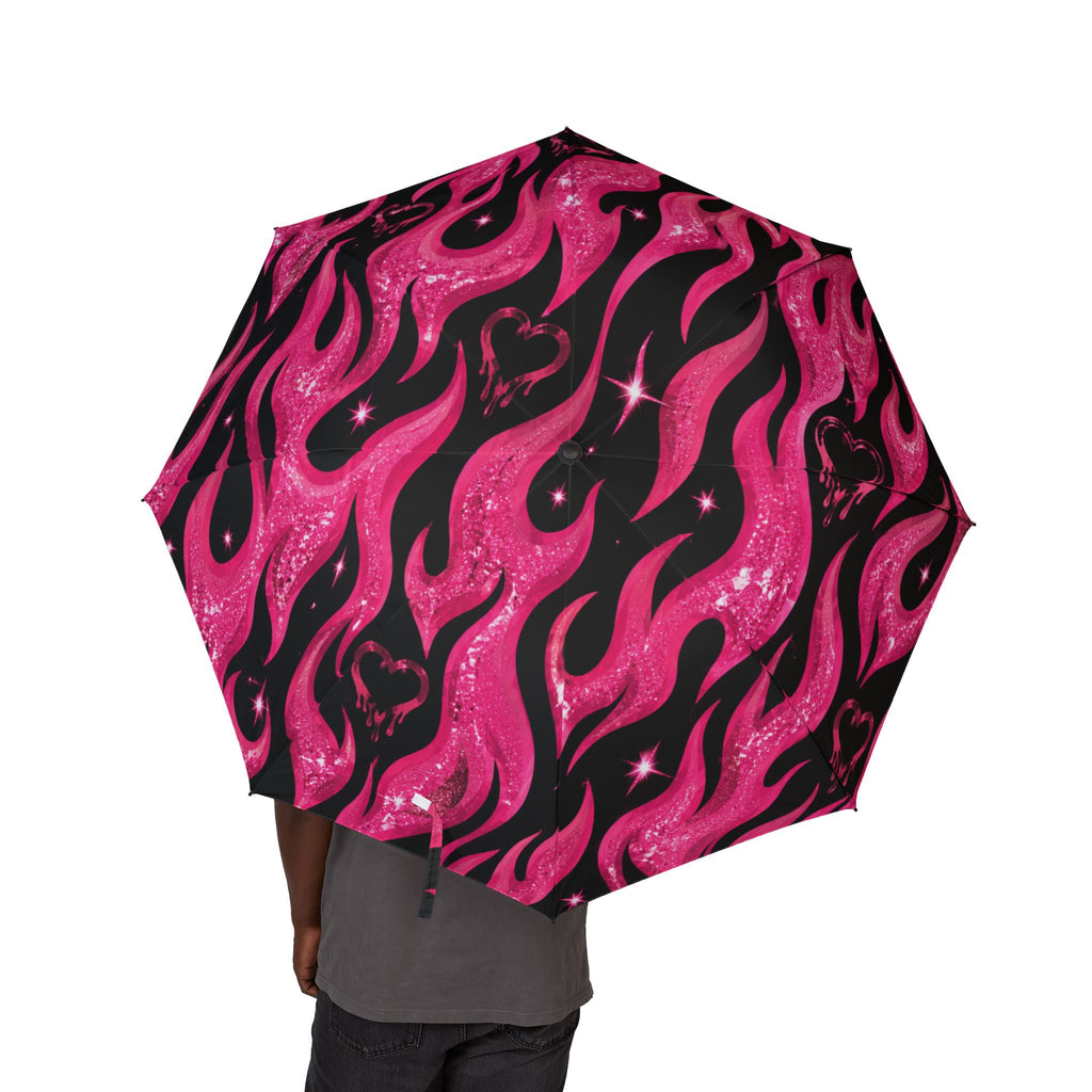 Pink Flame Foldable Umbrella — Glitter Hot Pink Flame Pattern, Compact Semi-Automatic Travel Umbrella