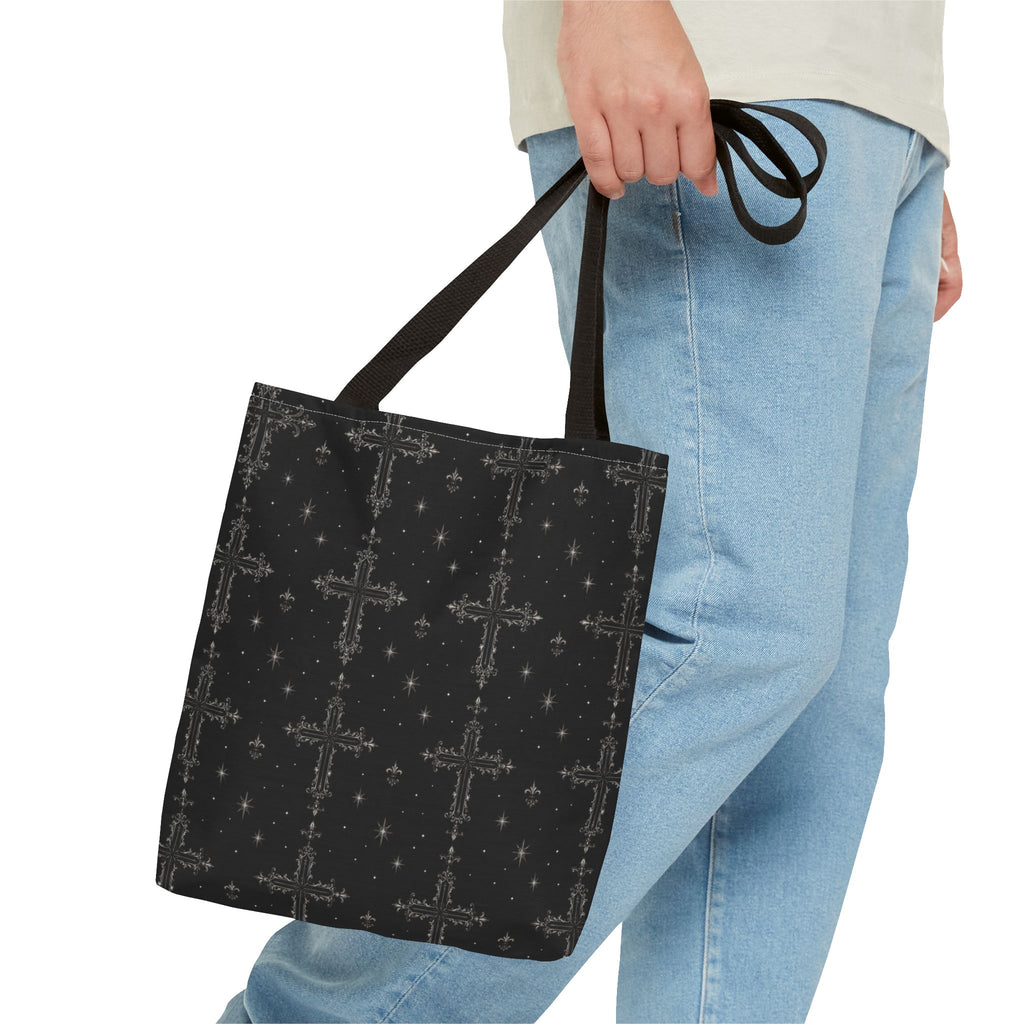 Gothic Cross Pattern Tote Bag – Black All-Over Print Shoulder Tote