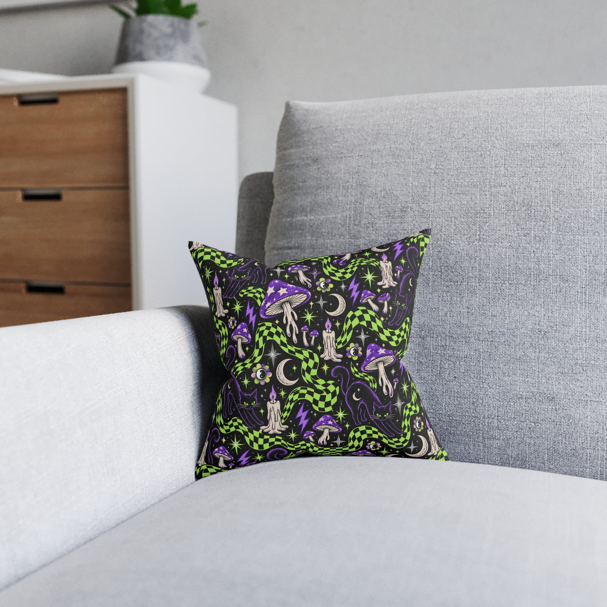 Mushroom Wonderland Square Pillow Black