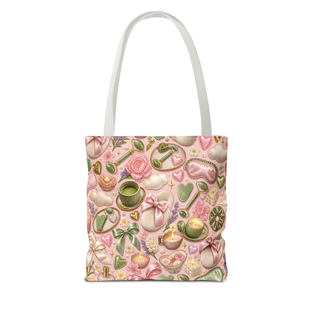 Spa Day Pattern Tote Bag – Pink Self-Care AOP Tote with Tea, Candles & Masks