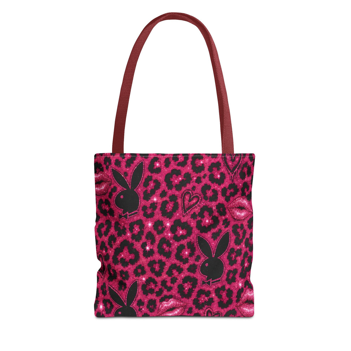 Pink Leopard Print Tote Bag with Black Bunny Silhouettes & Kisses