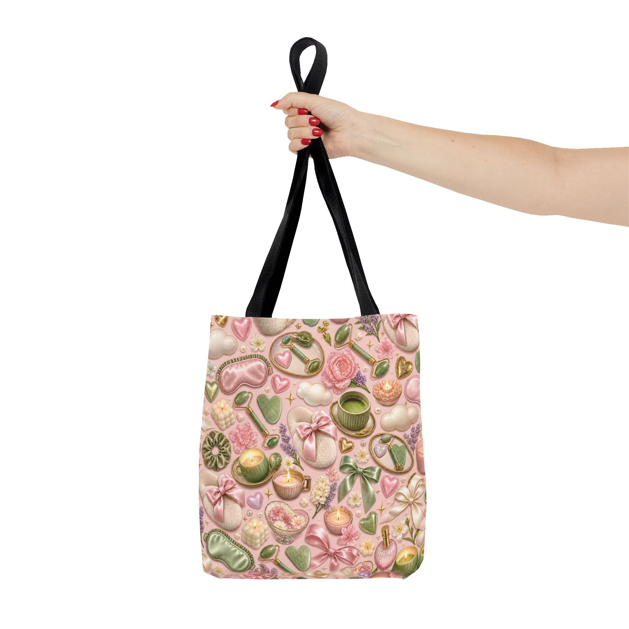 Spa Day Pattern Tote Bag – Pink Self-Care AOP Tote with Tea, Candles & Masks