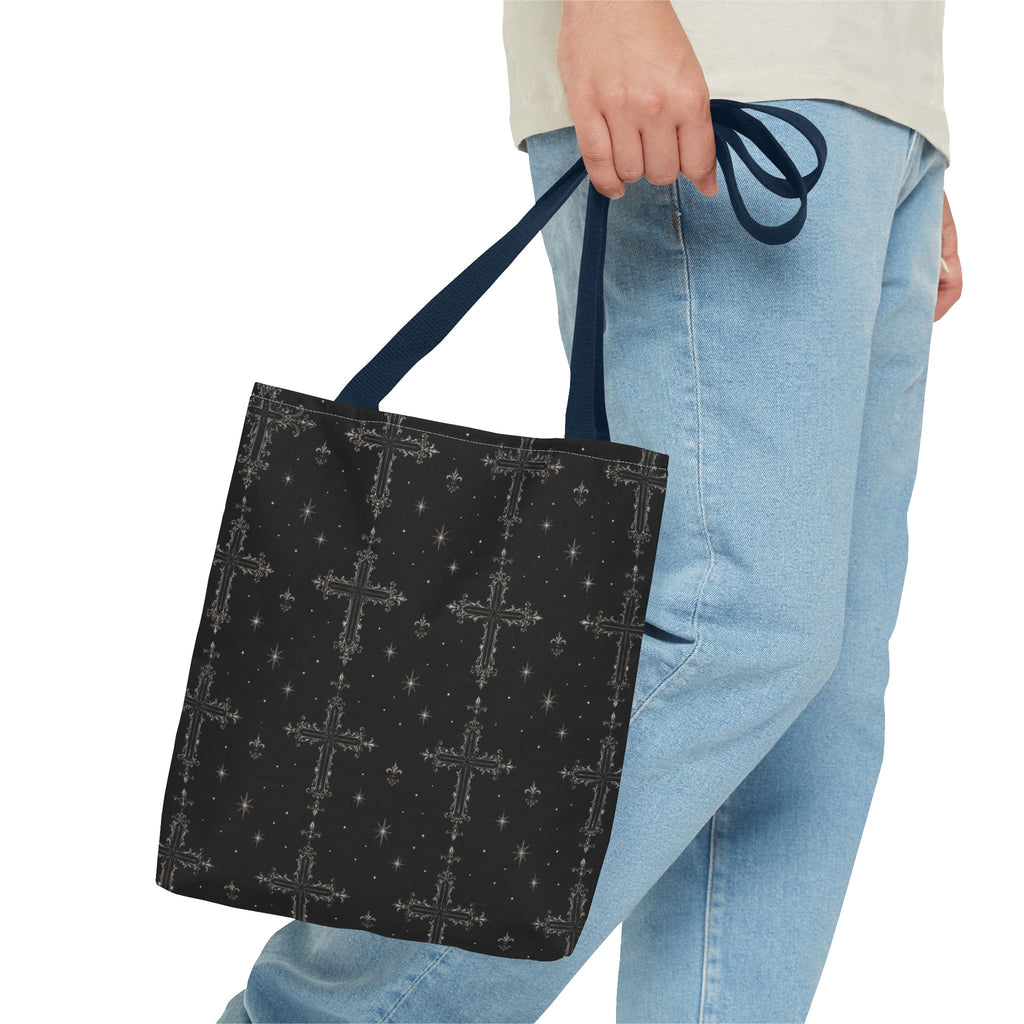 Gothic Cross Pattern Tote Bag – Black All-Over Print Shoulder Tote
