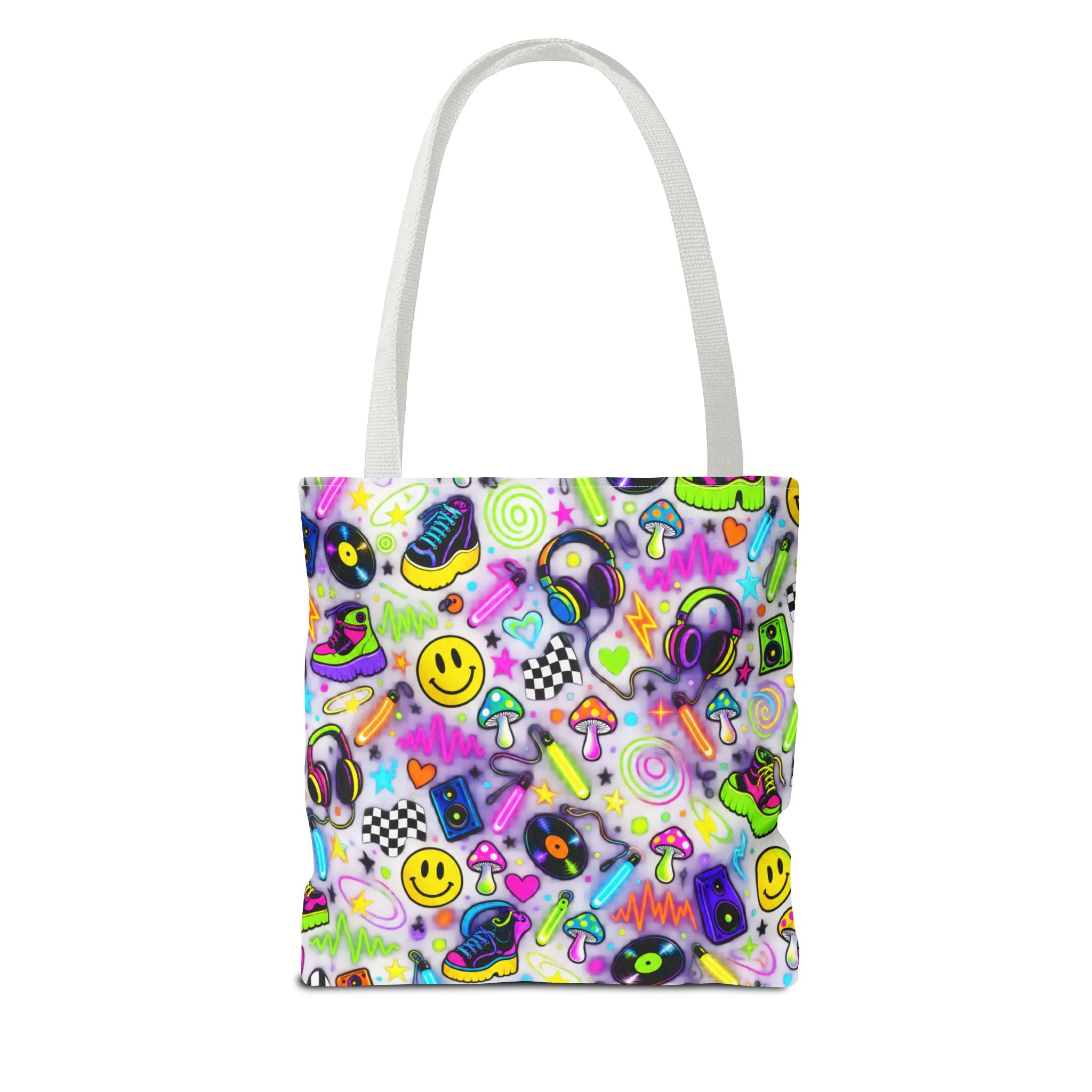 Neon 90s Sticker Collage Tote Bag — Retro Smileys, Records & Psychedelic Icons AOP