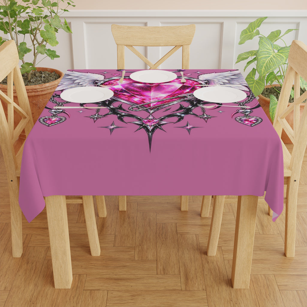 Pink Winged Heart Tablecloth — Gemstone Angel Heart Table Cover for Valentine’s Decor