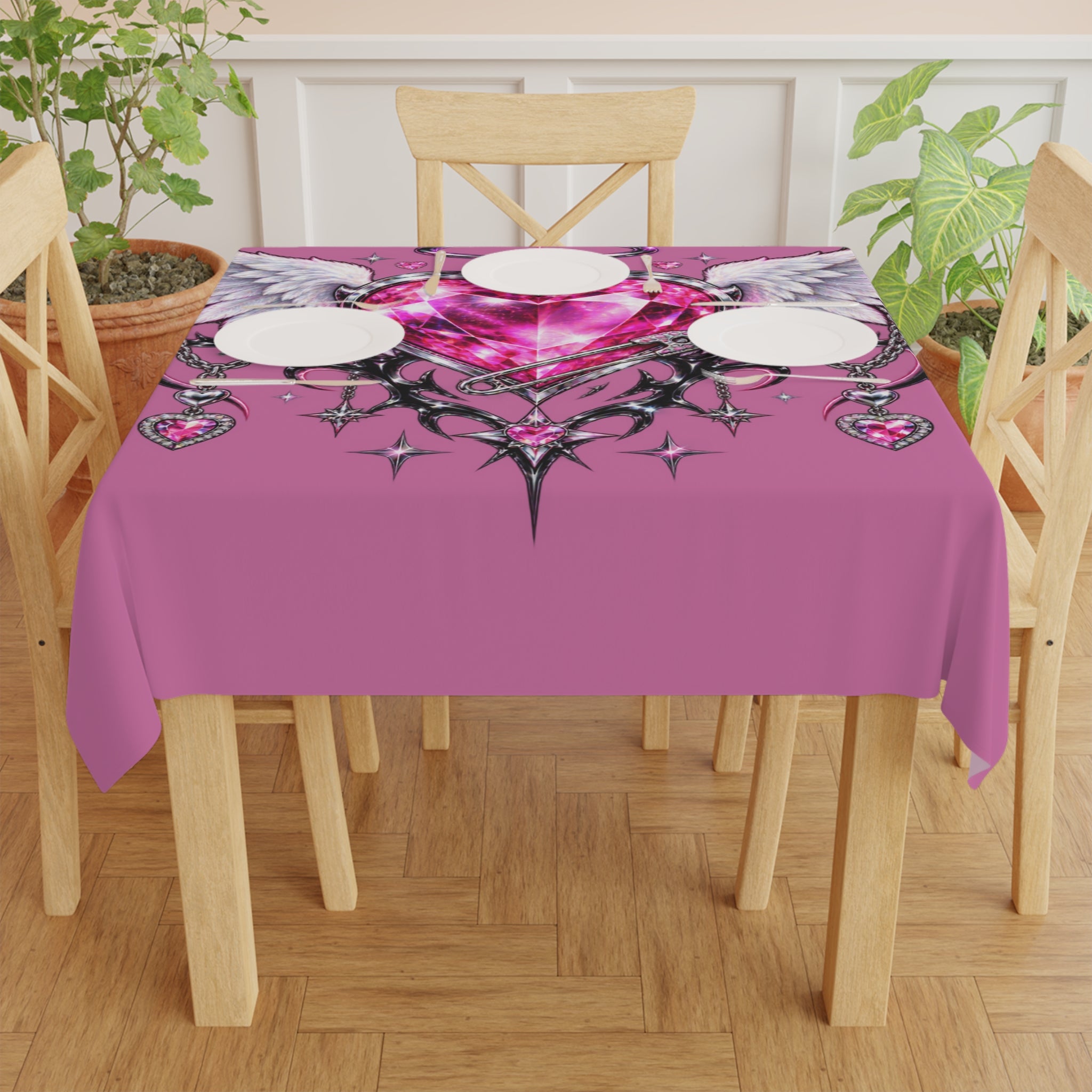 Pink Winged Heart Tablecloth — Gemstone Angel Heart Table Cover for Valentine’s Decor