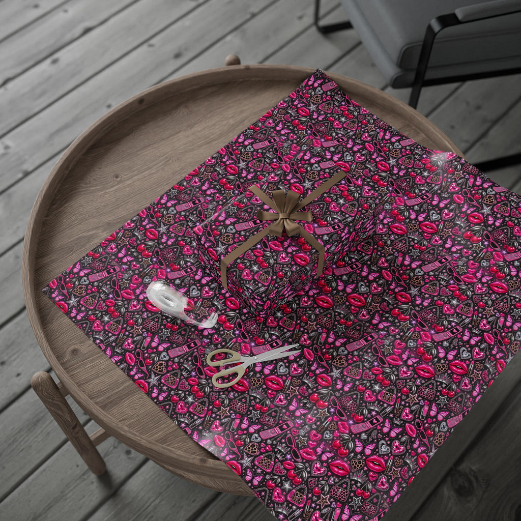 Y2K Hearts & Butterflies Wrapping Paper — Pink Romantic Gift Wrap