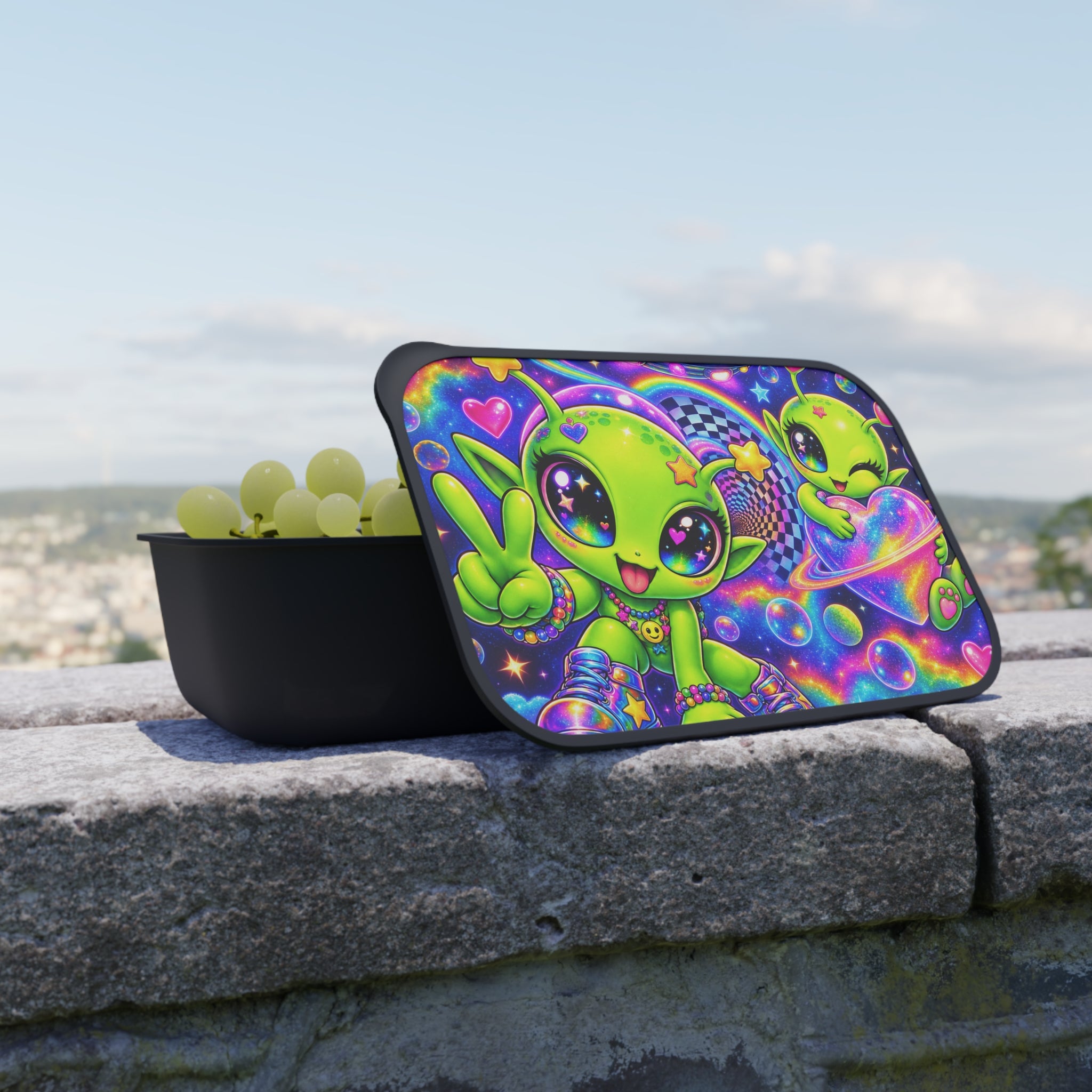 Alien Friends Bento Box — PLA Lunchbox with Utensils (Cute Neon Space Design)