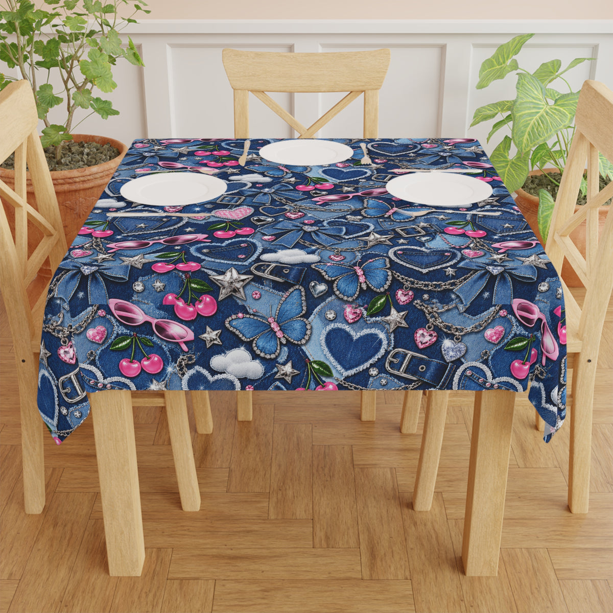 Y2K Denim Love Tablecloth Blue