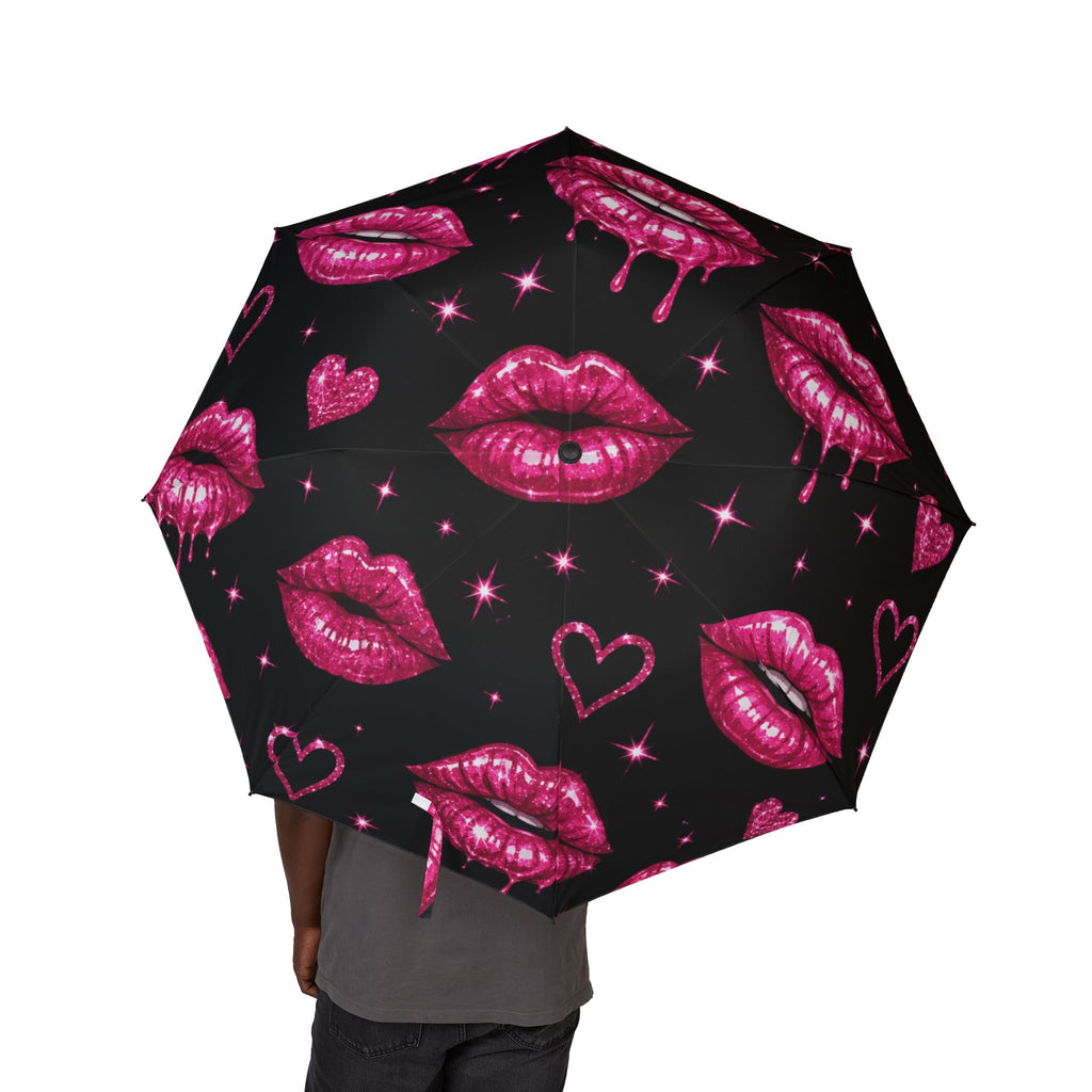 Compact Umbrella — Pink Lip Print Foldable Travel Umbrella (Semi‑Automatic)