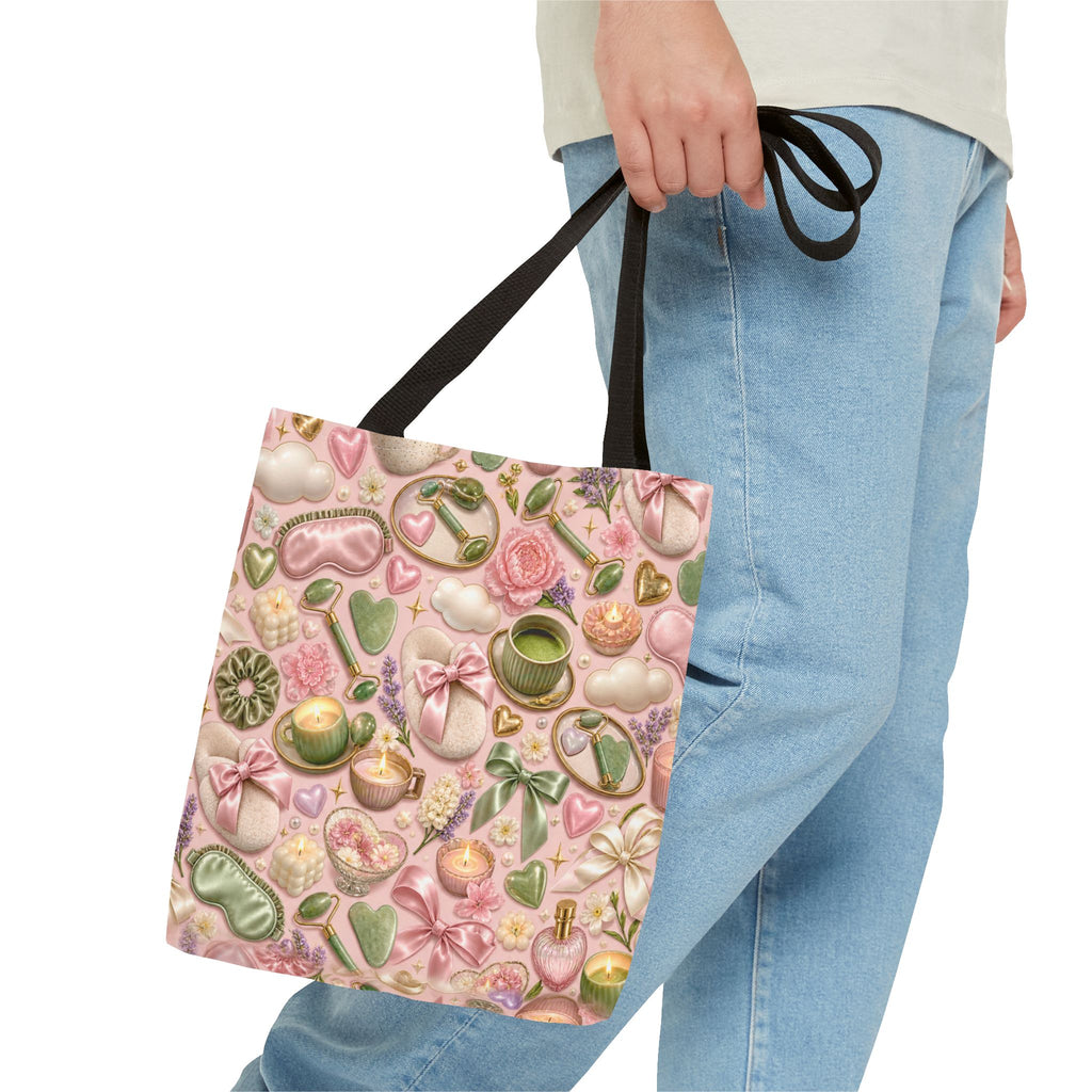 Spa Day Pattern Tote Bag – Pink Self-Care AOP Tote with Tea, Candles & Masks