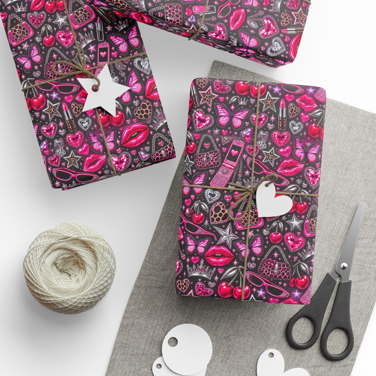 Y2K Hearts & Butterflies Wrapping Paper — Pink Girly Gift Wrap