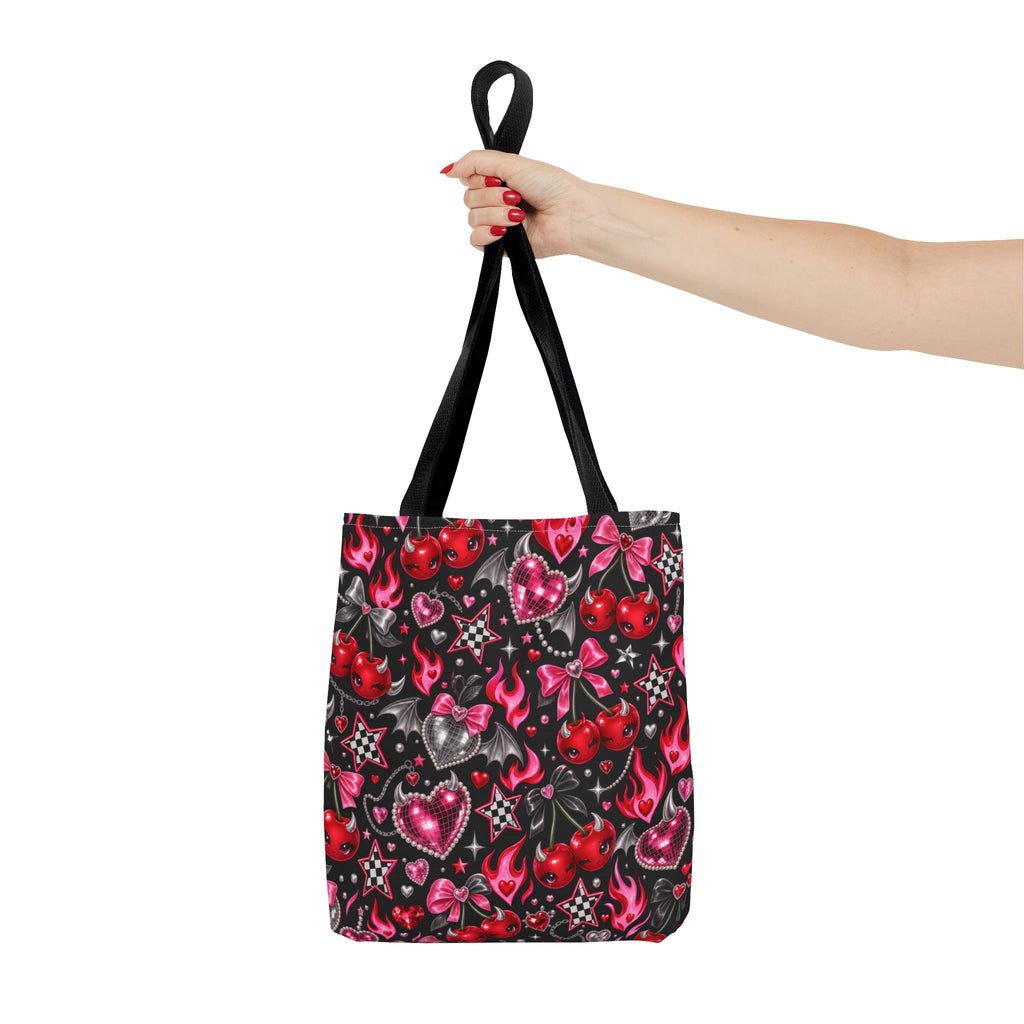 Cherry Hearts Pattern Tote Bag — Retro Kawaii Flaming Hearts & Bows AOP Tote