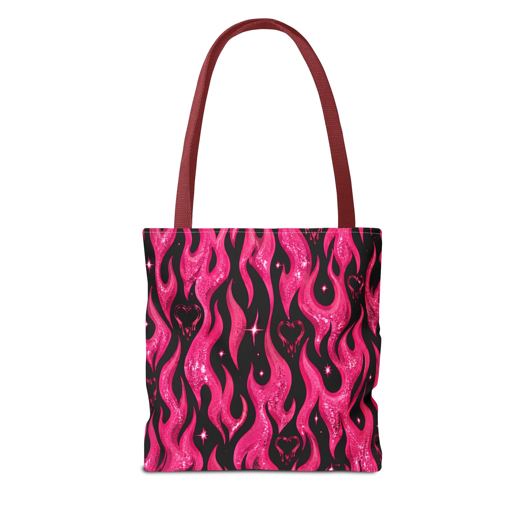 Pink Flame Heart Tote Bag — All-Over Print Gothic Flame Pattern