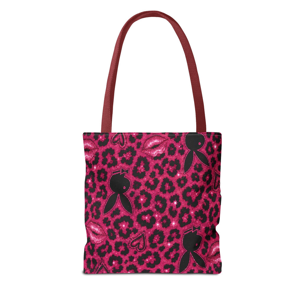 Pink Leopard Print Tote Bag with Black Bunny Silhouettes & Kiss Marks
