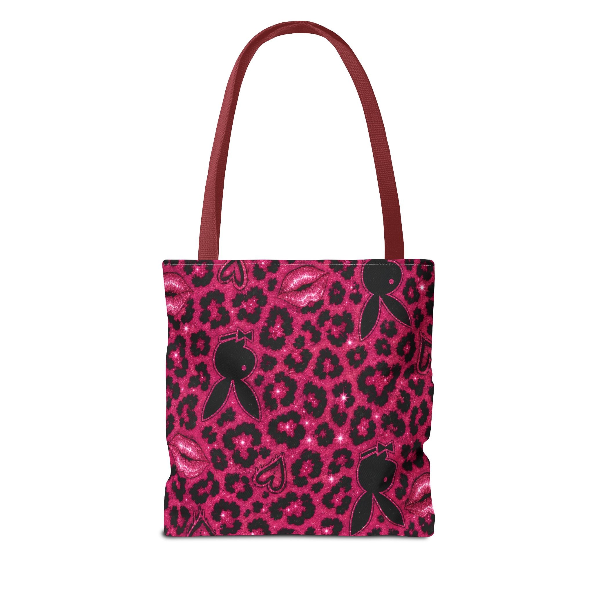 Pink Leopard Print Tote Bag with Black Bunny Silhouettes & Kiss Marks