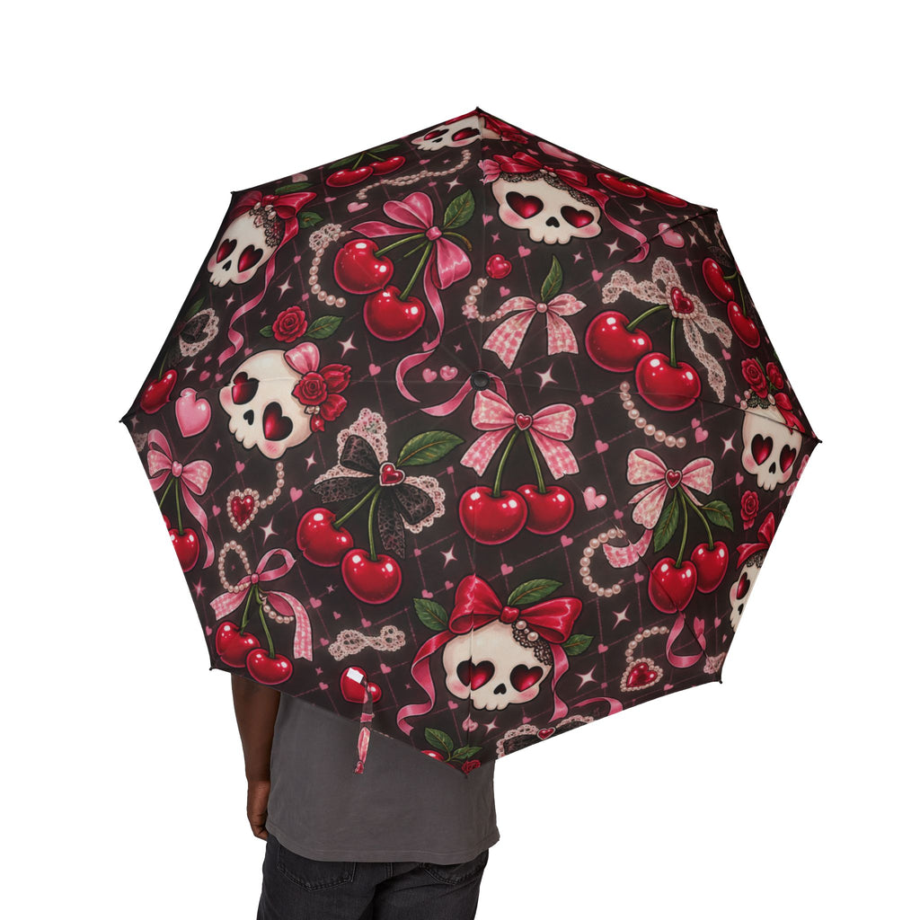 Foldable Umbrella — Gothic Cherry & Skull Pattern, Compact Semi‑Automatic Rain Umbrella