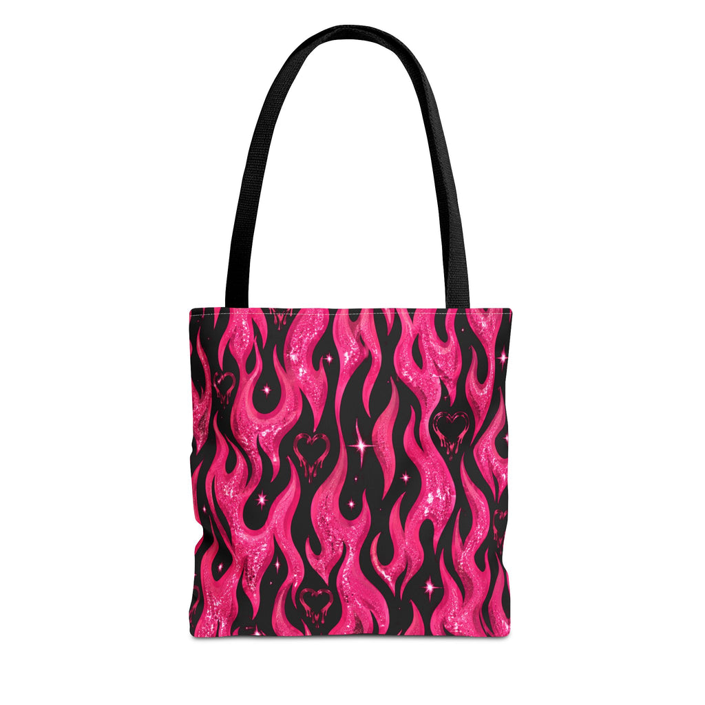 Pink Flame Heart Tote Bag — All-Over Print Gothic Flame Pattern