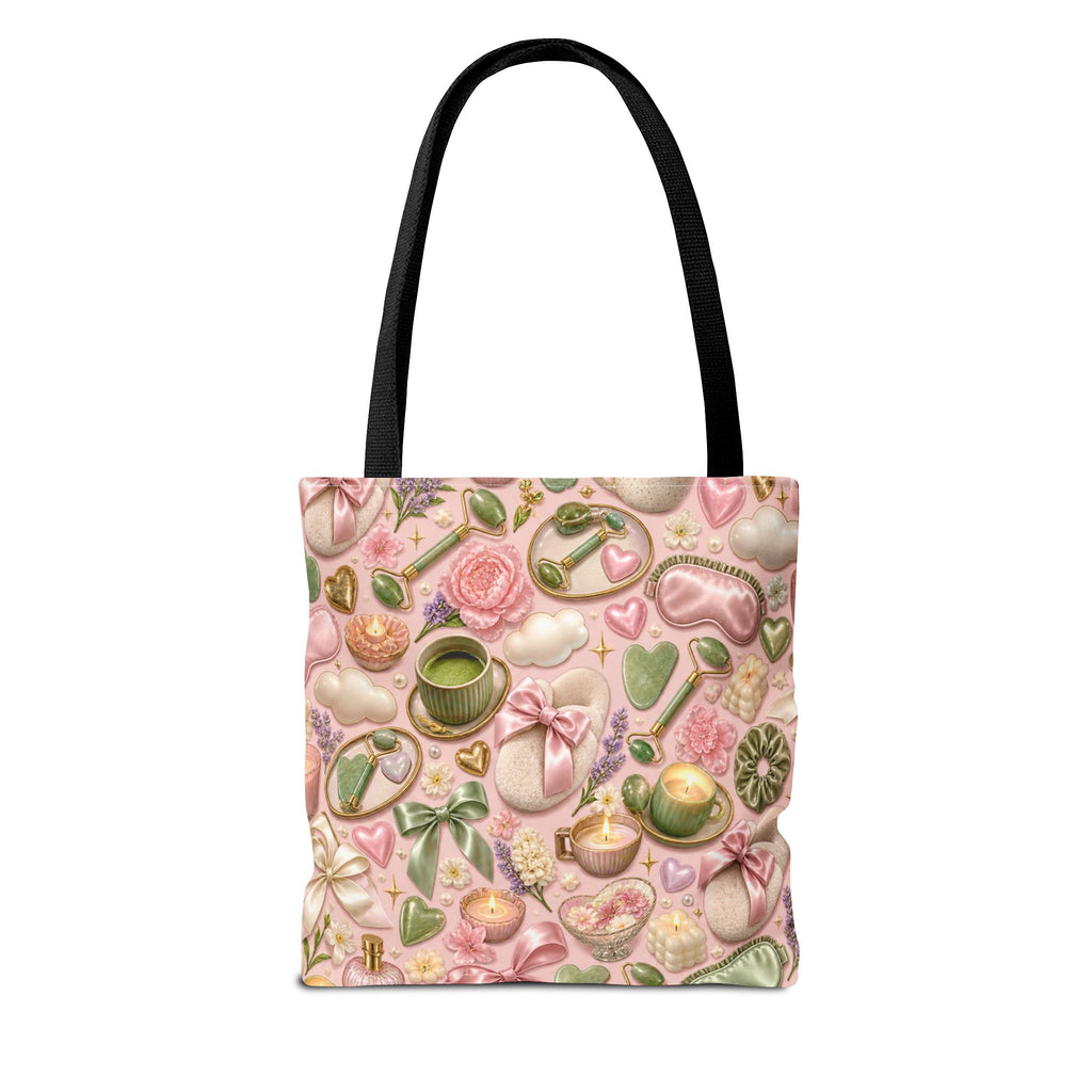 Spa Day Pattern Tote Bag – Pink Self-Care AOP Tote with Tea, Candles & Masks