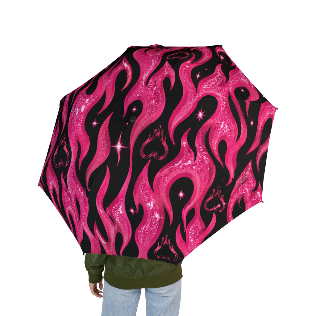 Pink Flame Foldable Umbrella — Glitter Hot Pink Flame Pattern, Compact Semi-Automatic Travel Umbrella