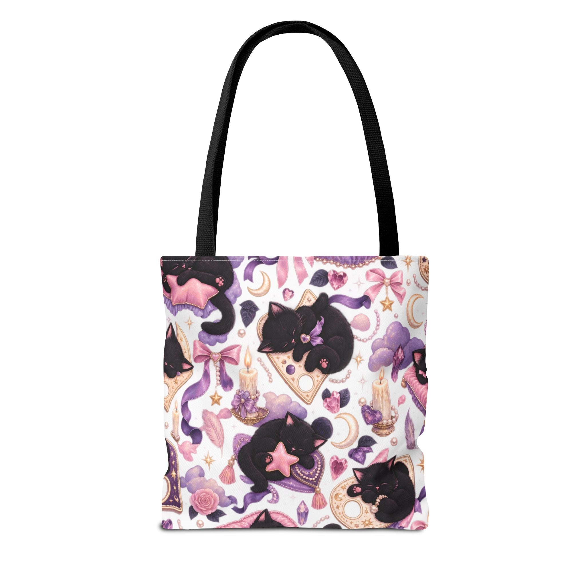 Magical Black Cat Pattern Tote Bag – Cute Witchy Moon & Stars All-Over Print