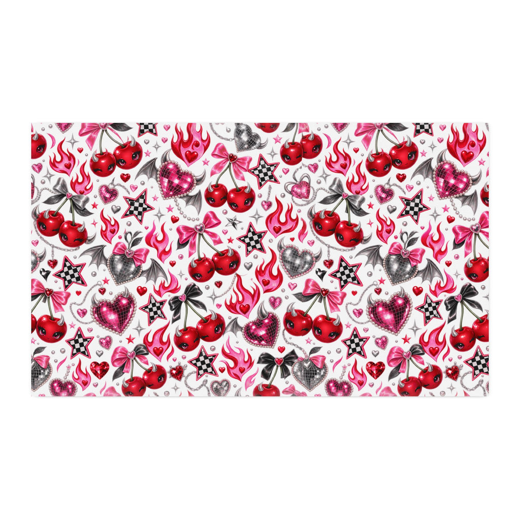 Cherry Hearts Spun Polyester Fabric by the Yard — Retro Tattoo Pattern