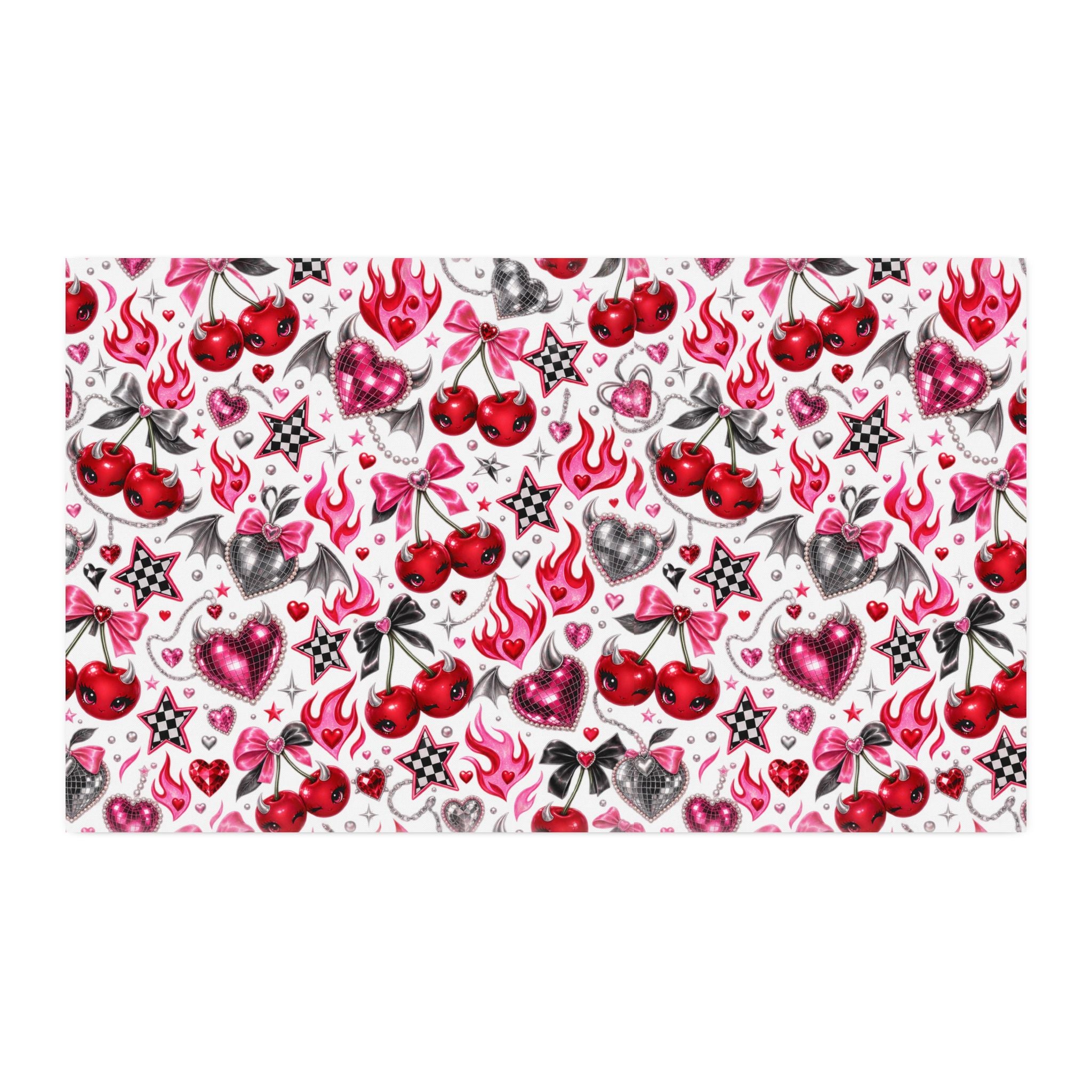Cherry Hearts Spun Polyester Fabric by the Yard — Retro Tattoo Pattern