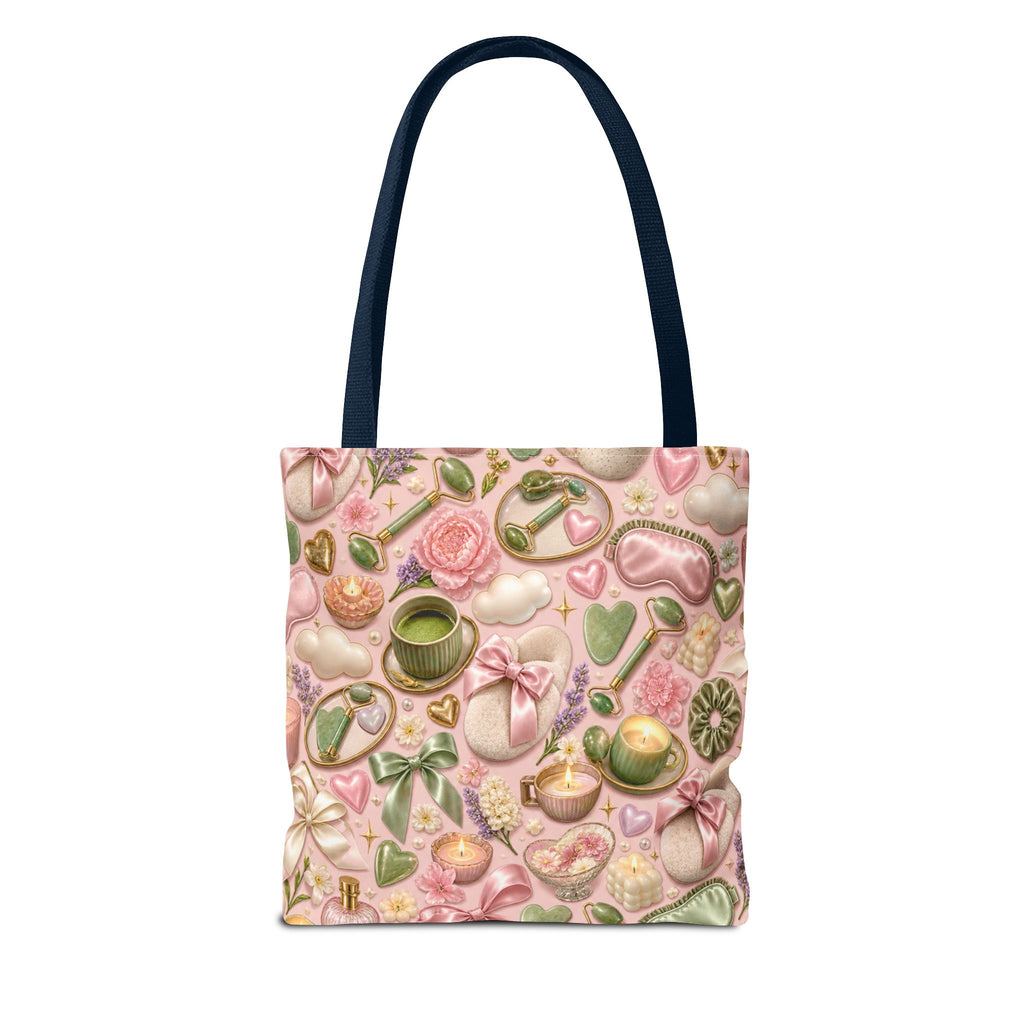 Spa Day Pattern Tote Bag – Pink Self-Care AOP Tote with Tea, Candles & Masks