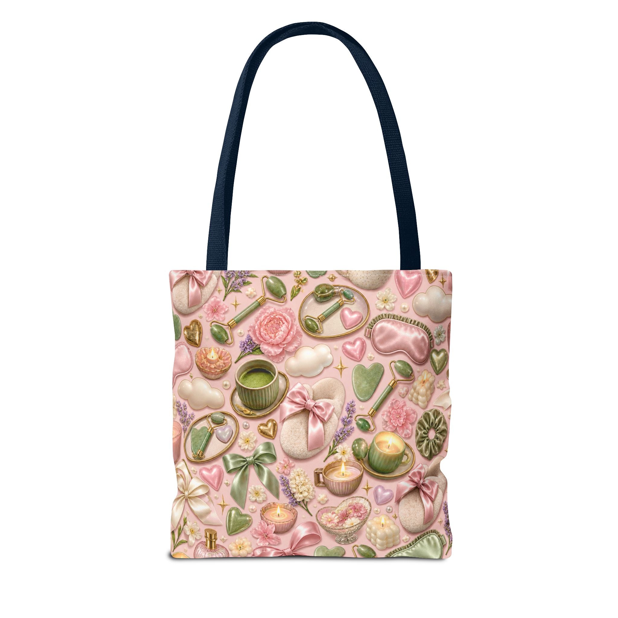 Spa Day Pattern Tote Bag – Pink Self-Care AOP Tote with Tea, Candles & Masks