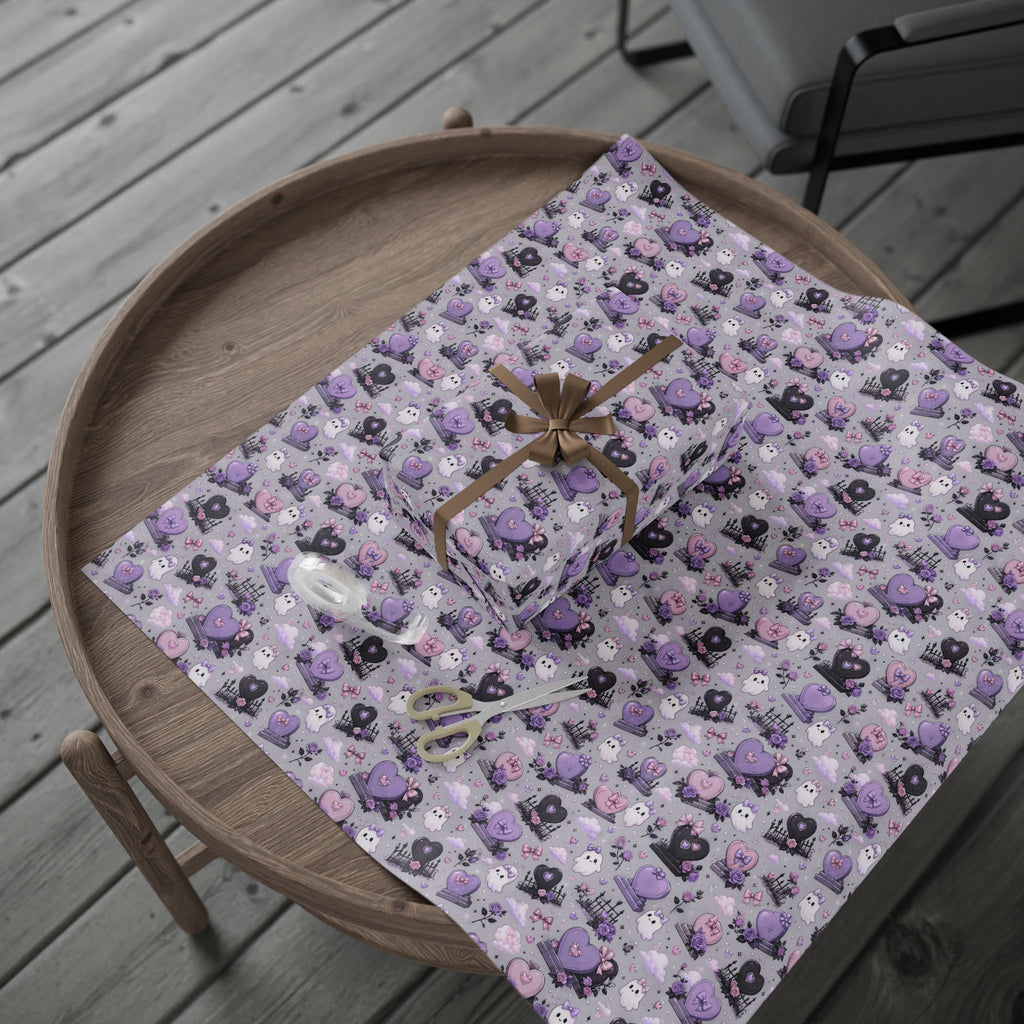 Gothic Cute Lavender Wrapping Paper – Purple Skull, Heart & Rose Pattern