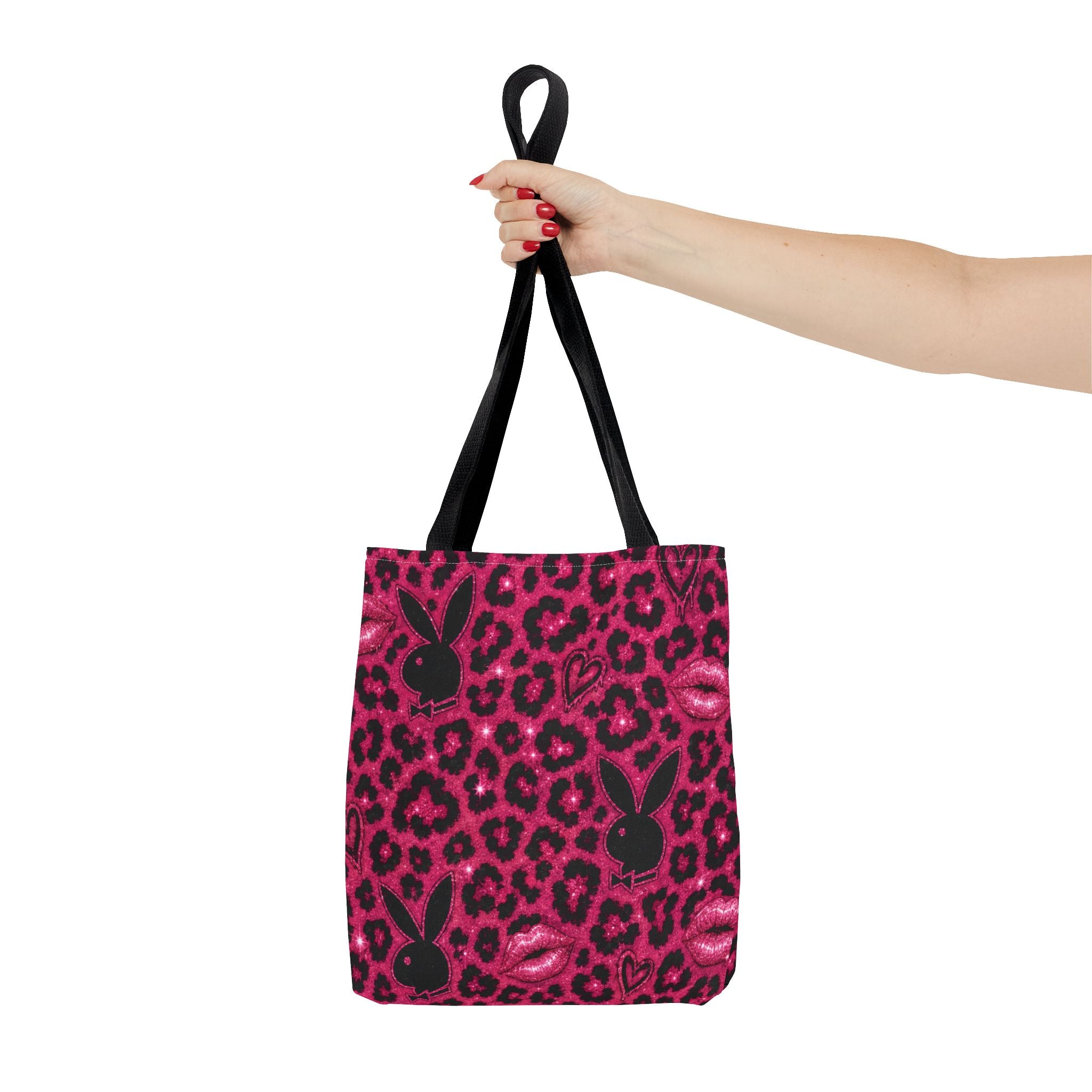 Pink Leopard Print Tote Bag with Black Bunny Silhouettes & Kiss Marks