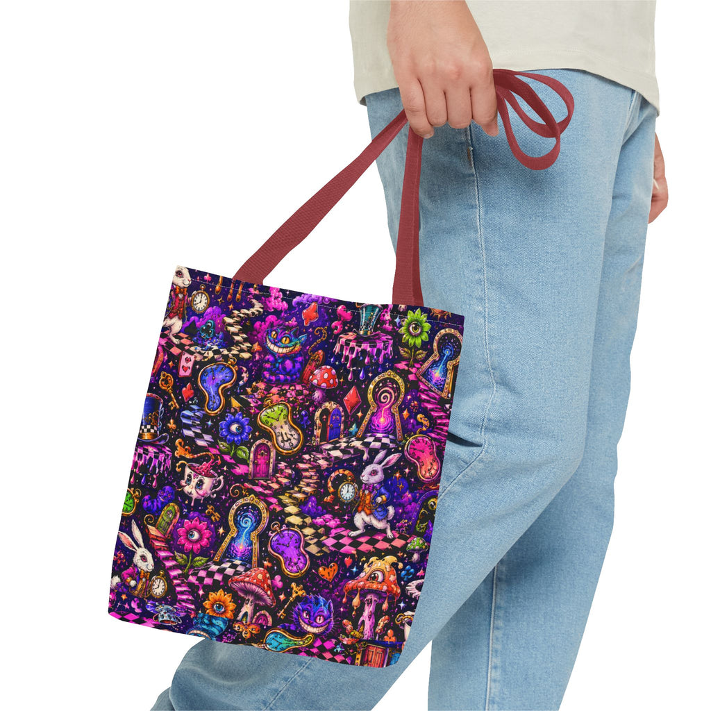 Psychedelic Mushroom Pattern Tote Bag — Colorful Trippy All-Over Print Tote