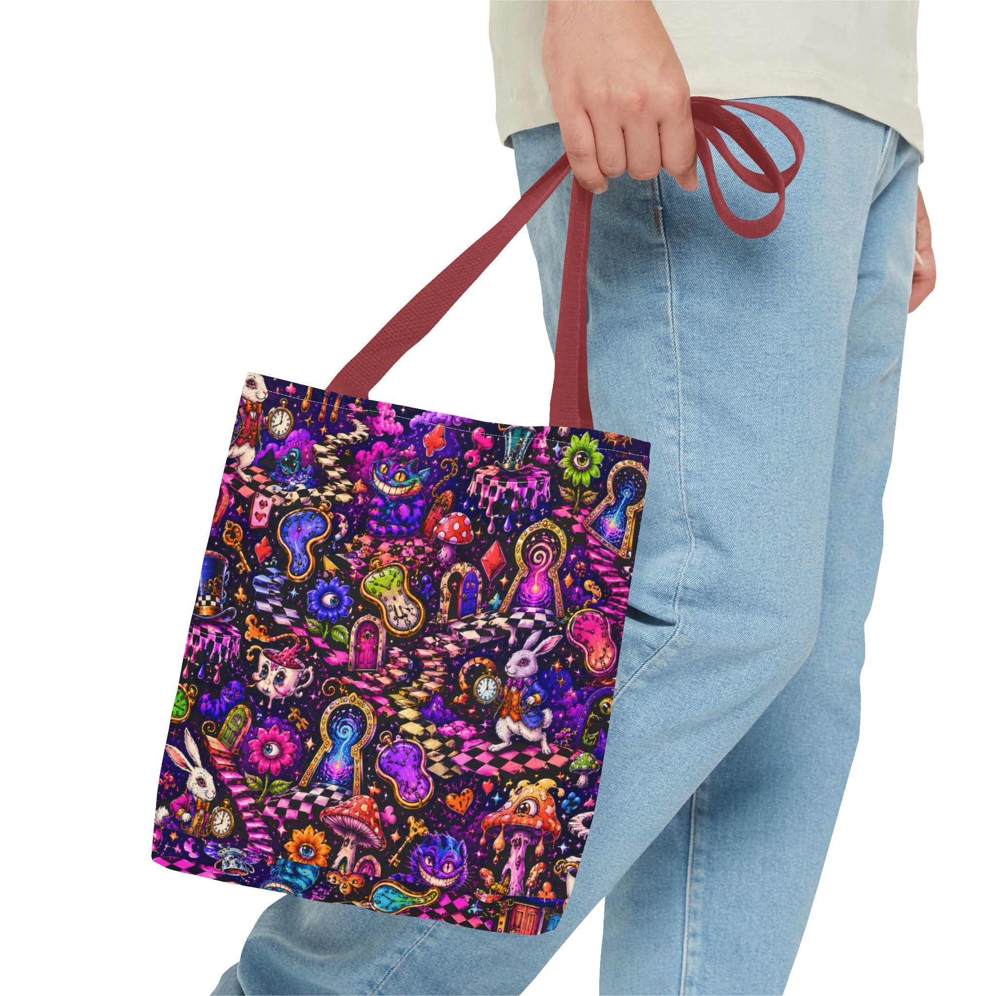 Psychedelic Mushroom Pattern Tote Bag — Colorful Trippy All-Over Print Tote