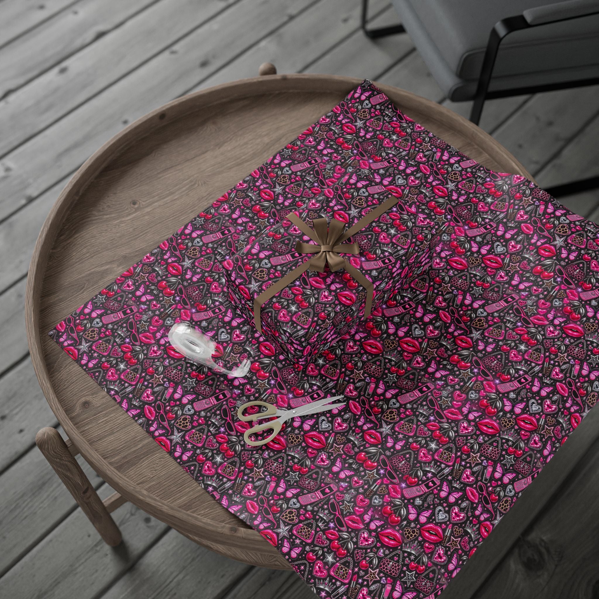 Y2K Hearts & Butterflies Wrapping Paper — Pink Romantic Gift Wrap
