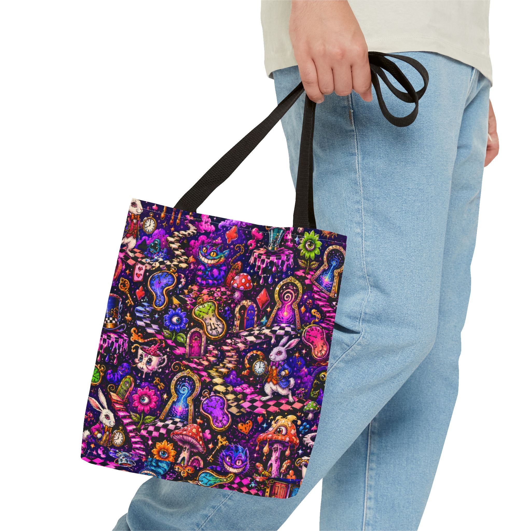 Psychedelic Mushroom Pattern Tote Bag — Colorful Trippy All-Over Print Tote