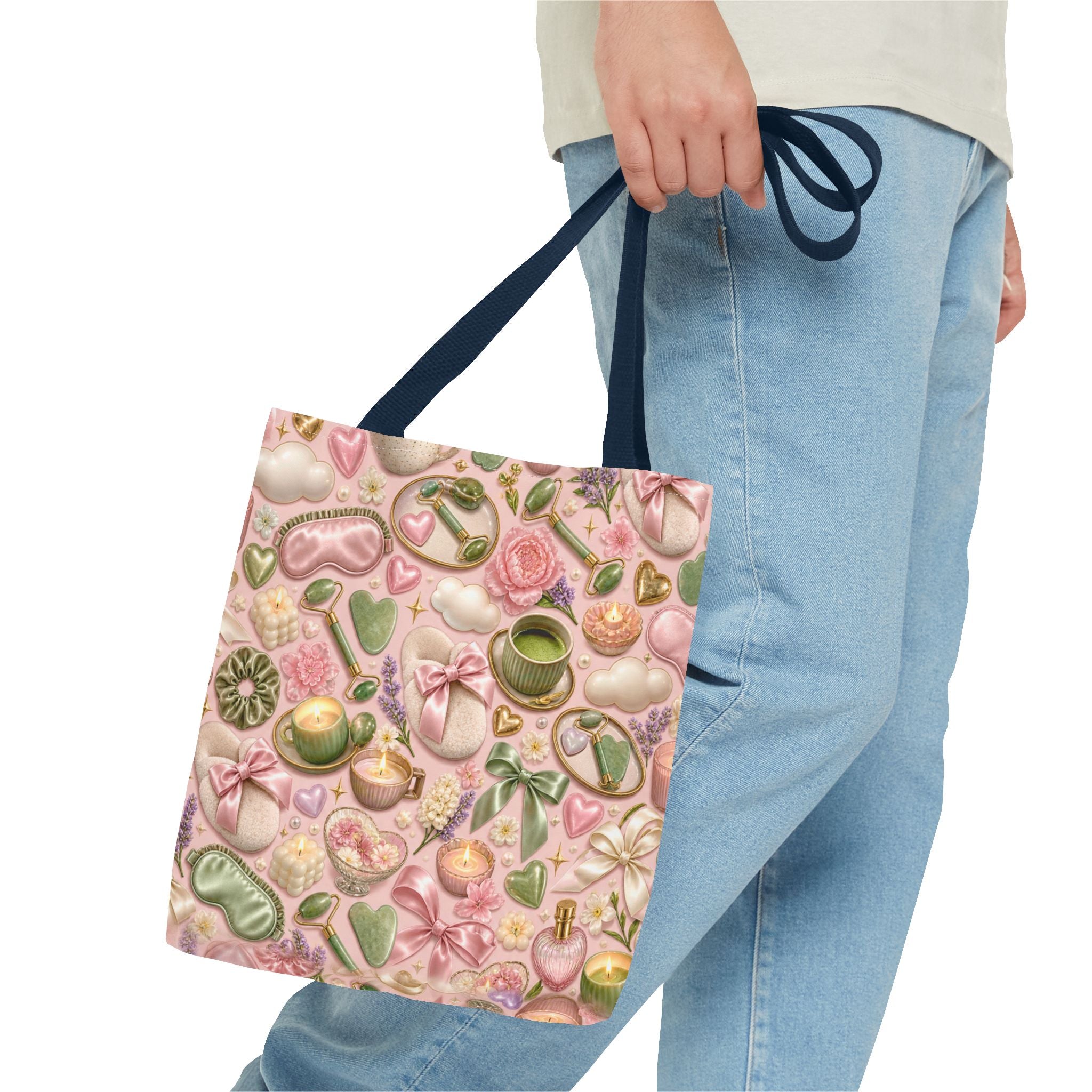 Spa Day Pattern Tote Bag – Pink Self-Care AOP Tote with Tea, Candles & Masks
