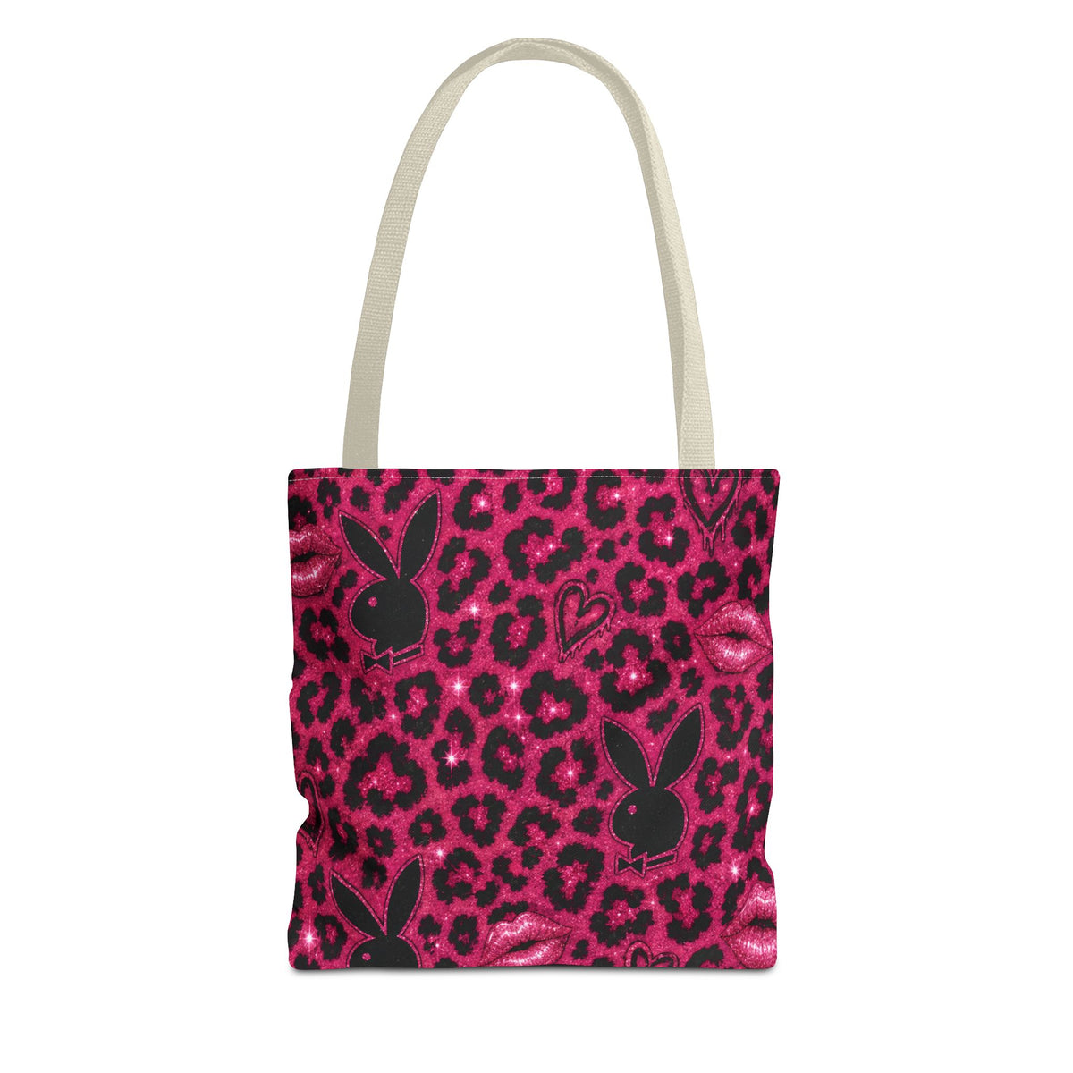 Pink Leopard Print Tote Bag with Black Bunny Silhouettes & Kisses