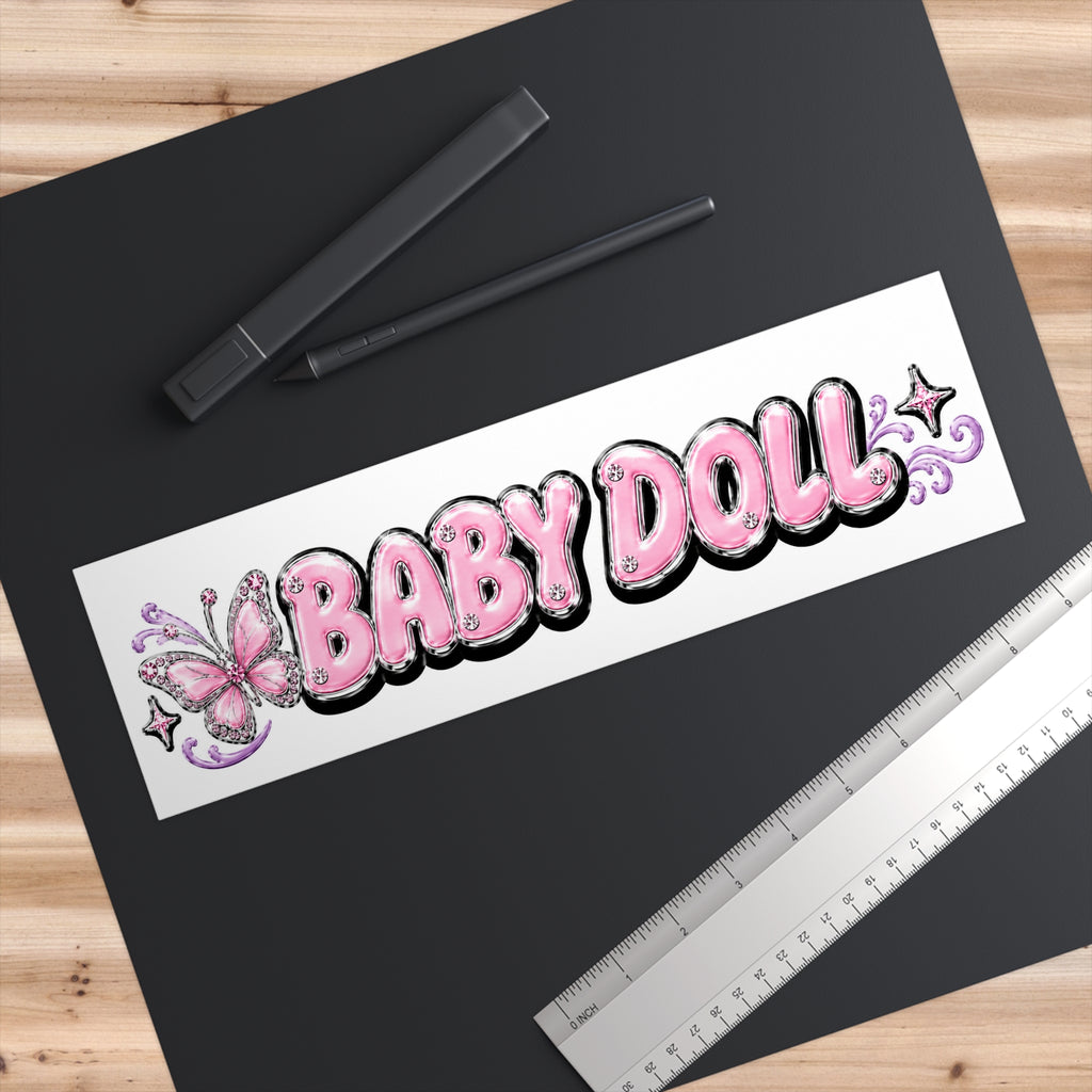 Baby Doll Bumper Sticker — Pink Glitter Butterfly Car Decal