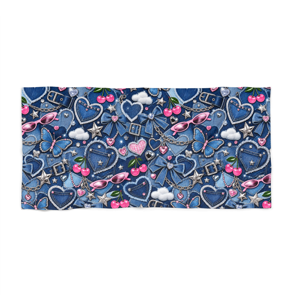 Y2K Denim Love Beach Towel Blue