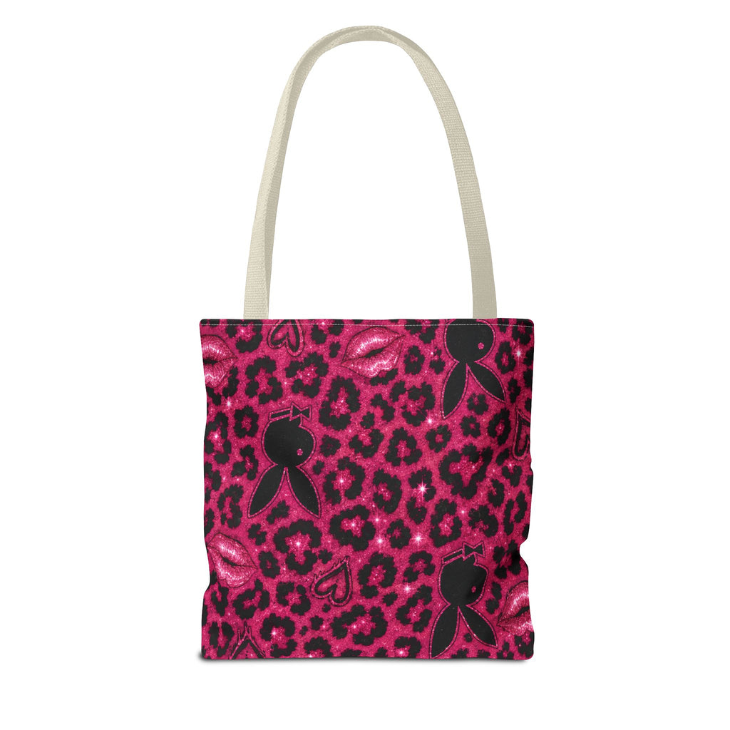 Pink Leopard Print Tote Bag with Black Bunny Silhouettes & Kiss Marks