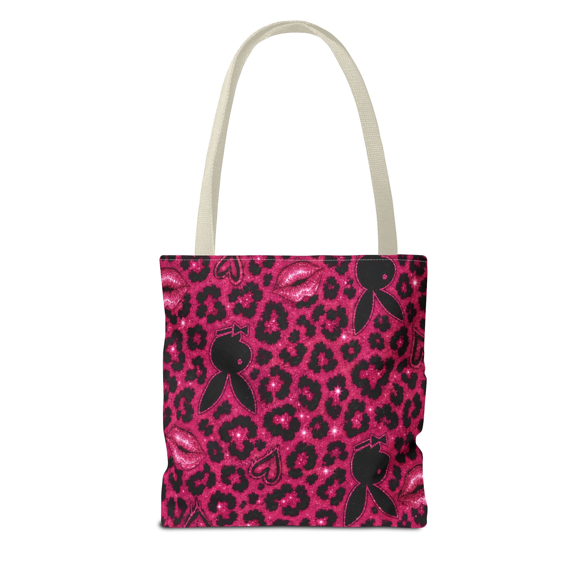Pink Leopard Print Tote Bag with Black Bunny Silhouettes & Kiss Marks