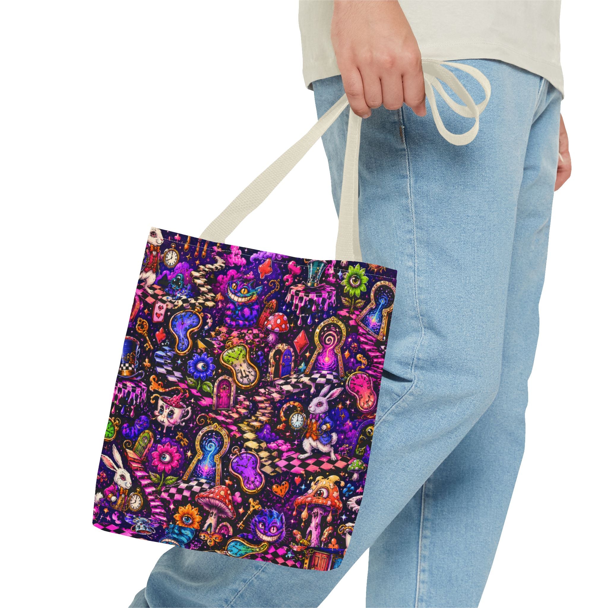 Psychedelic Mushroom Pattern Tote Bag — Colorful Trippy All-Over Print Tote