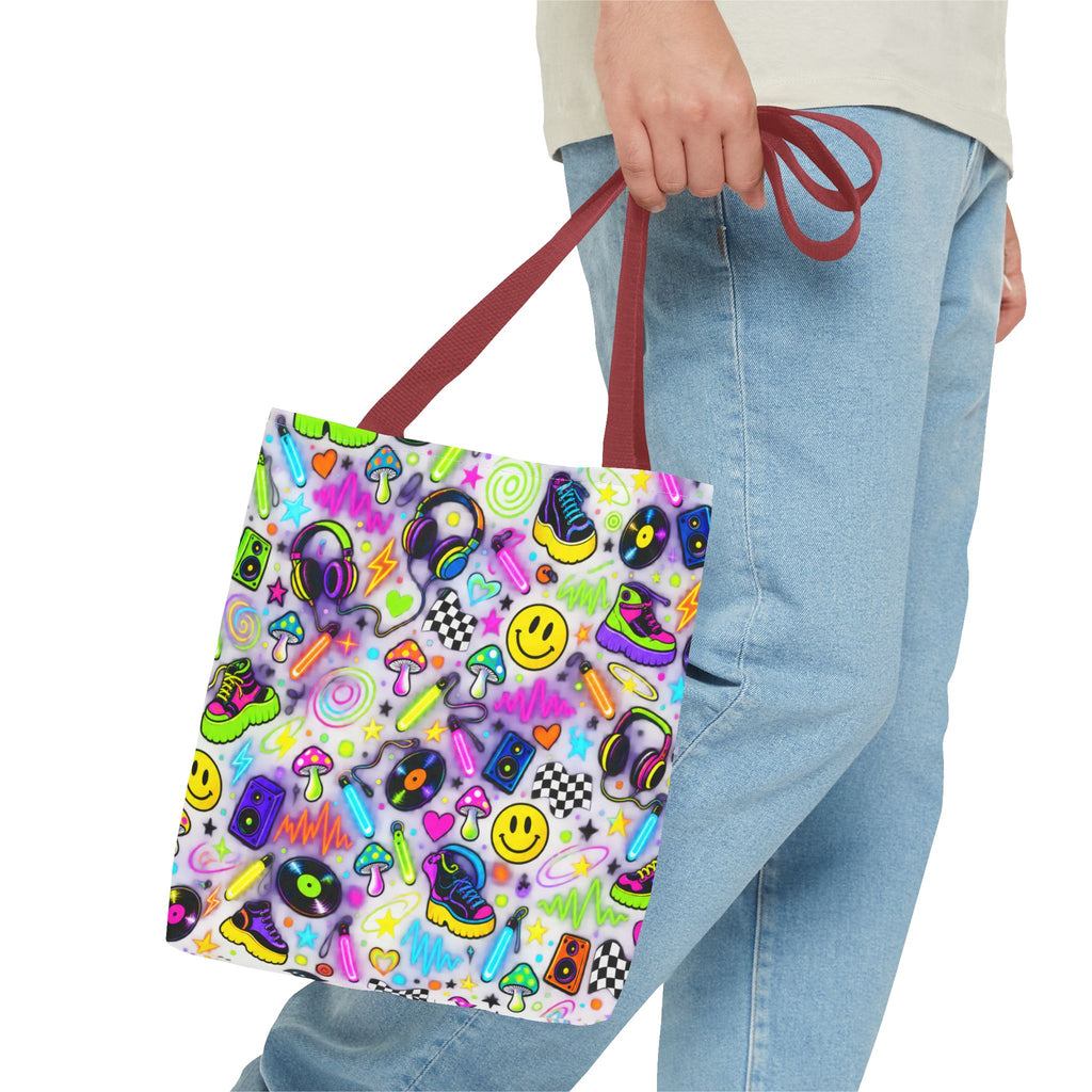 Neon 90s Sticker Collage Tote Bag — Retro Smileys, Records & Psychedelic Icons AOP